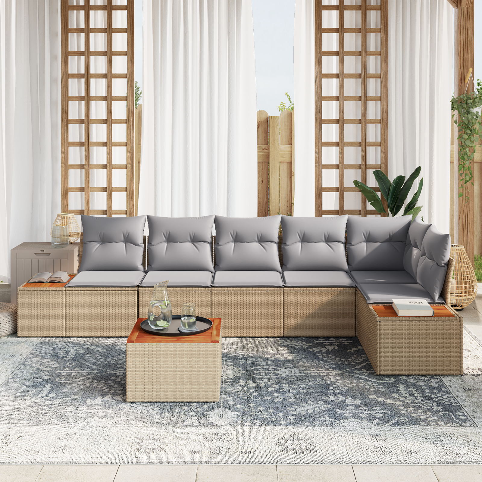 7 dalių Sodo Sofa Rinkinys su Pagalvėmis Smėlio Poli Ratanas Akacija