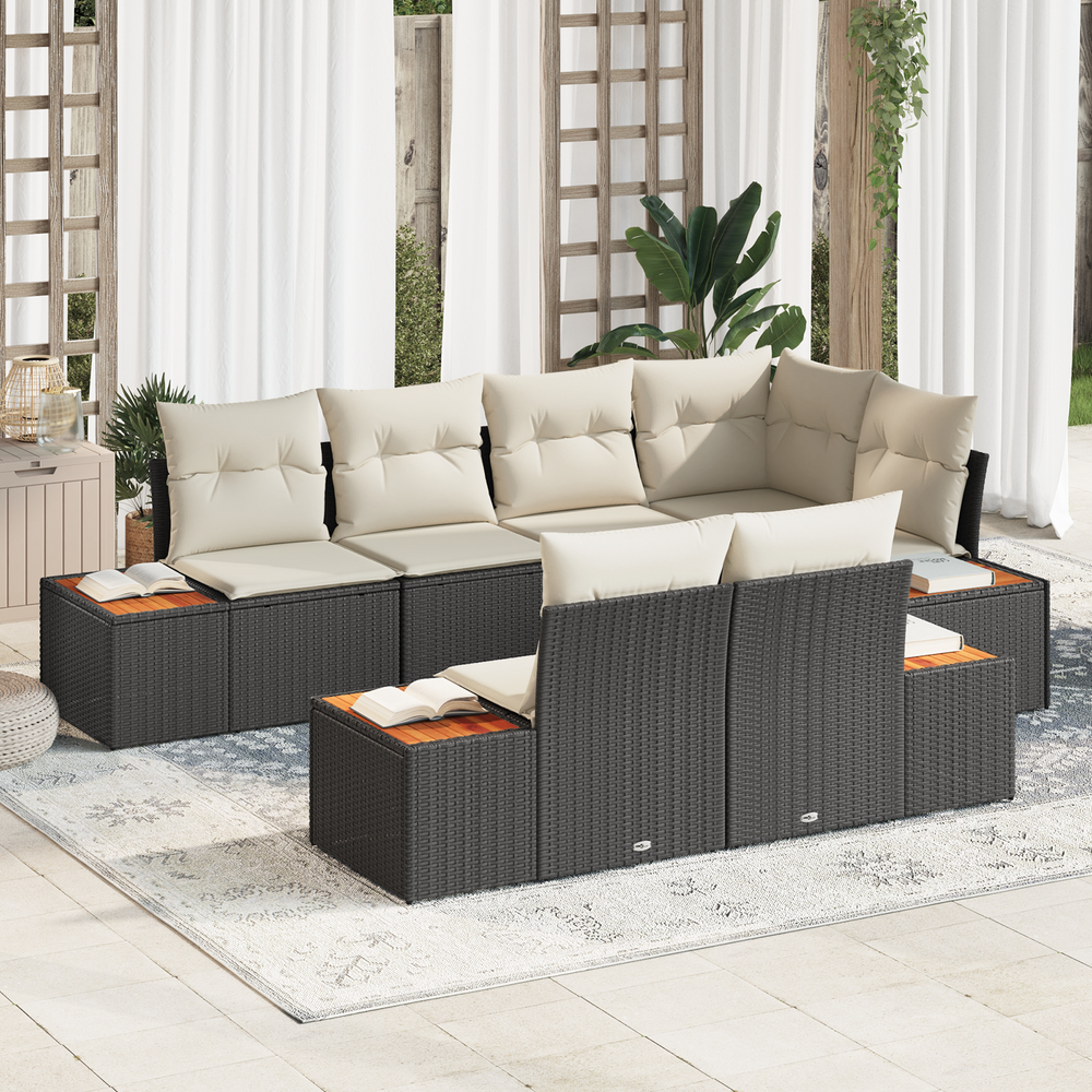 7-Piece Garden Sofa Set with Cushions Black Poly Rattan Acacia