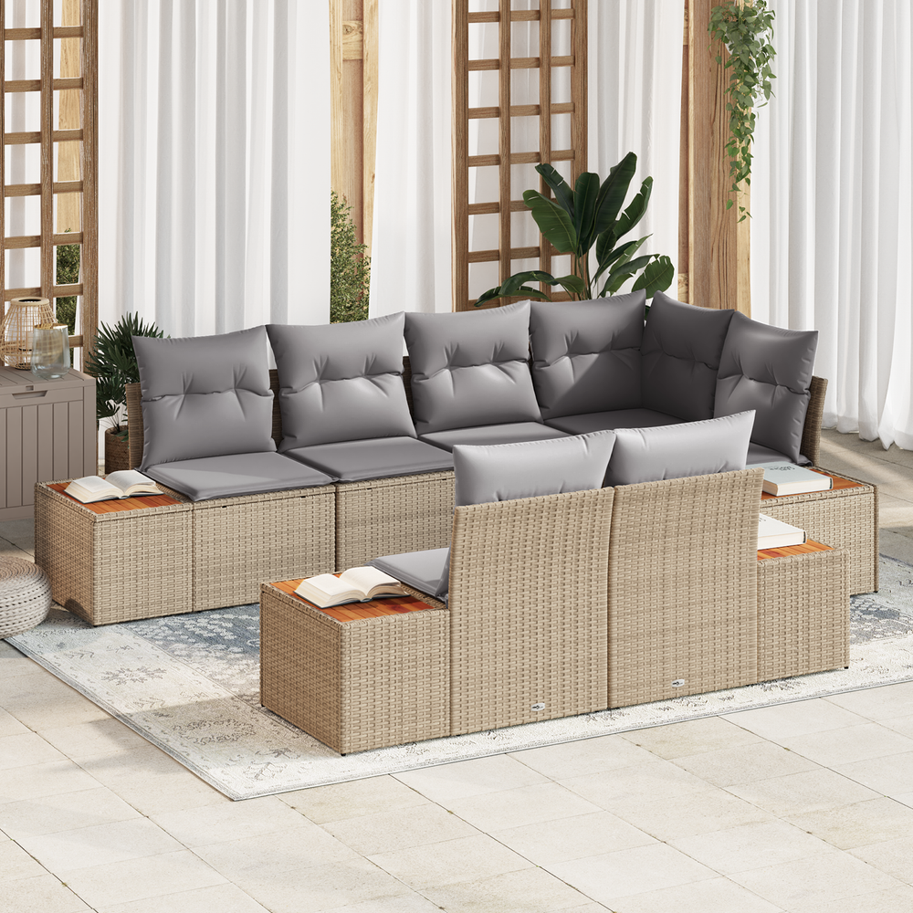 7-piece garden sofa set with cushions beige poly rattan acacia