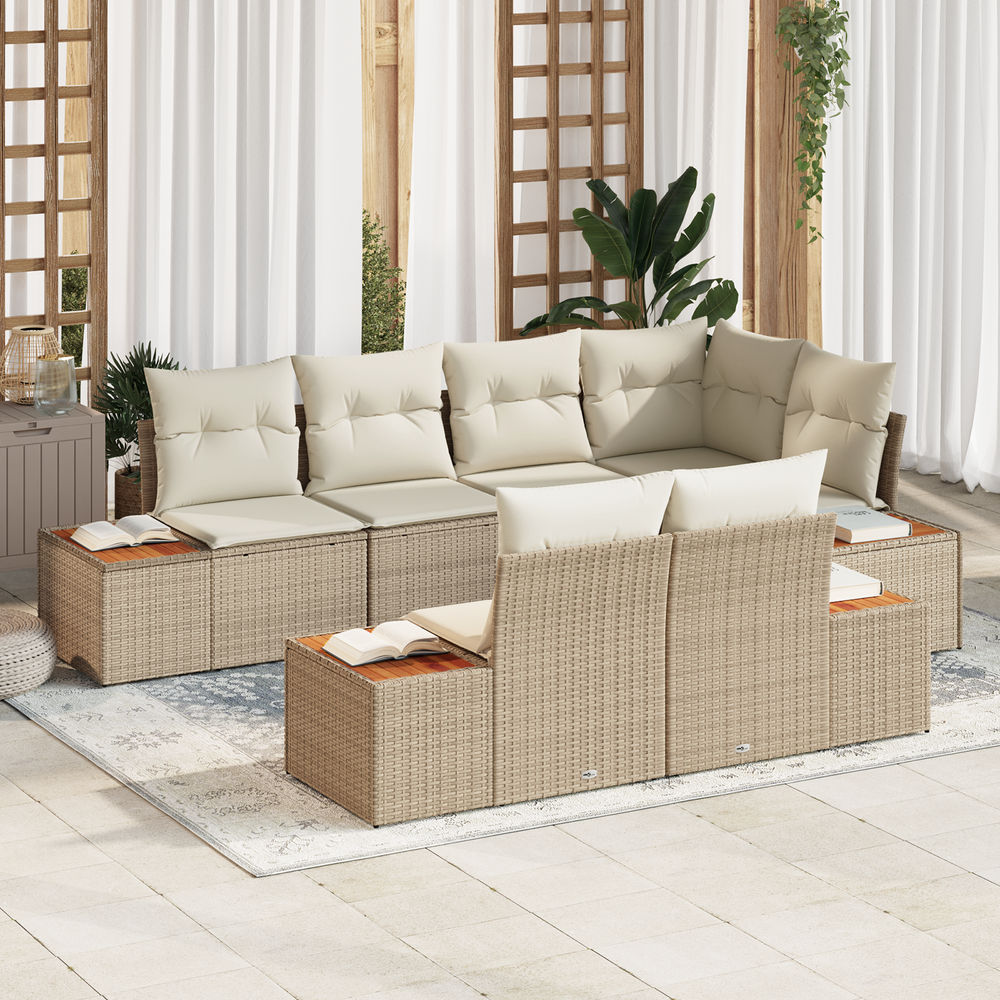 7-Piece Garden Sofa Set with Cushions, Sand Poly Rattan Acacia
