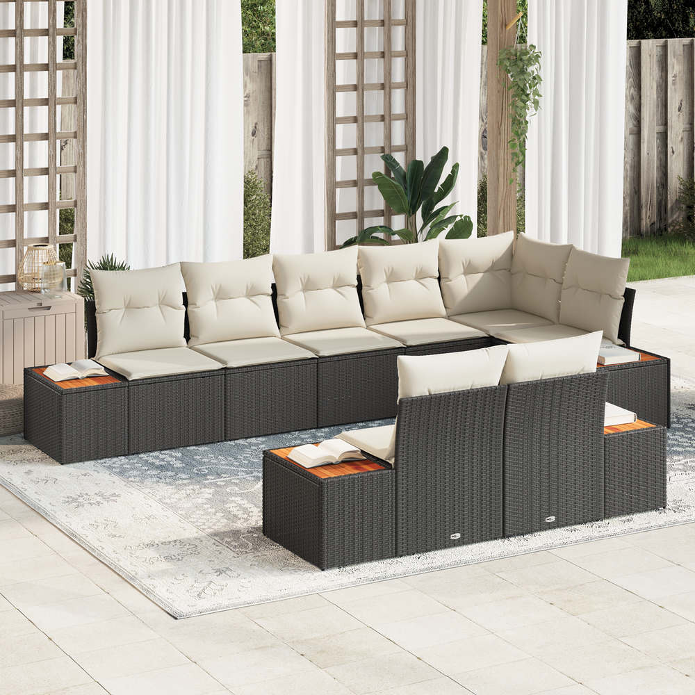 8 Piece Garden Sofa with Cushions Black Poly Rattan Acacia