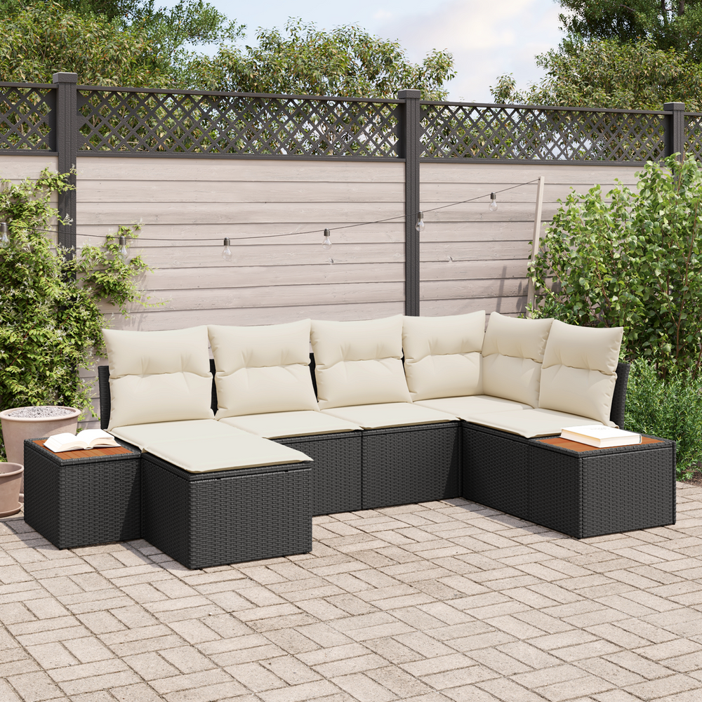 6-Piece Garden Sofa Set with Cushions Black Poly Rattan Acacia