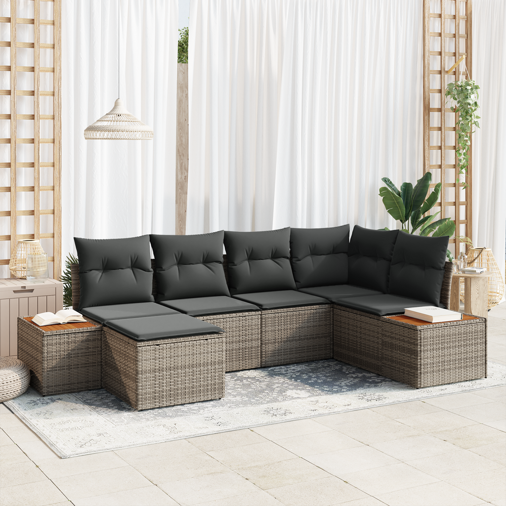 6-piece garden sofa set with cushions grey poly rattan acacia