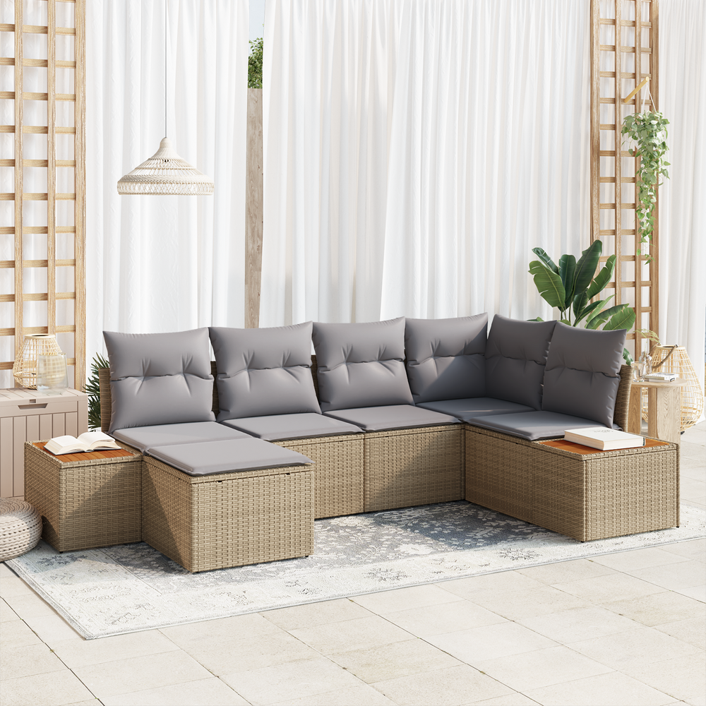 6-piece Garden Sofa Set with Cushions Sand Poly Rattan Acacia
