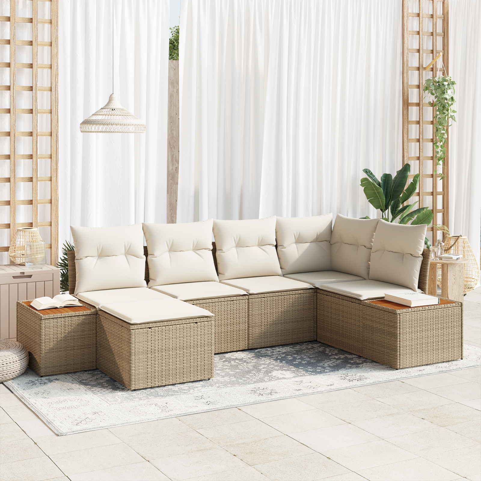 6 dalių sodo sofa komplektas su pagalvėmis Smėlio poli ratanas akacijos