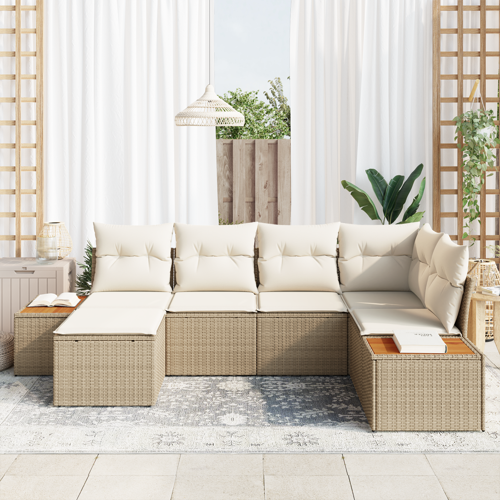 6 dalių sodo sofa komplektas su pagalvėmis Smėlio poli ratanas akacijos