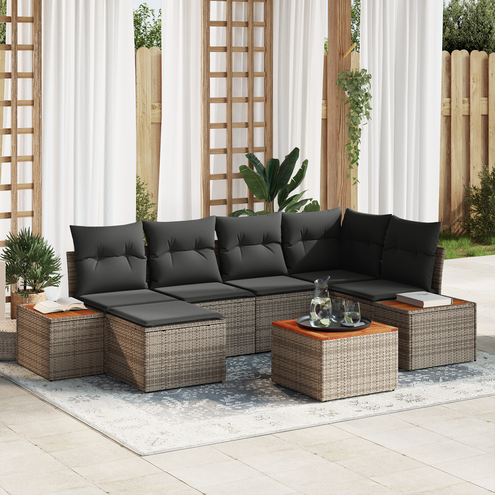 7 piece garden sofa with cushions grey poly rattan acacia