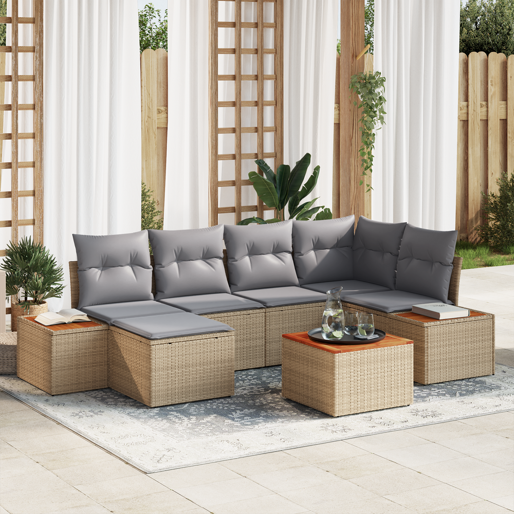 7-piece garden sofa set with cushions Light brown poly rattan acacia
