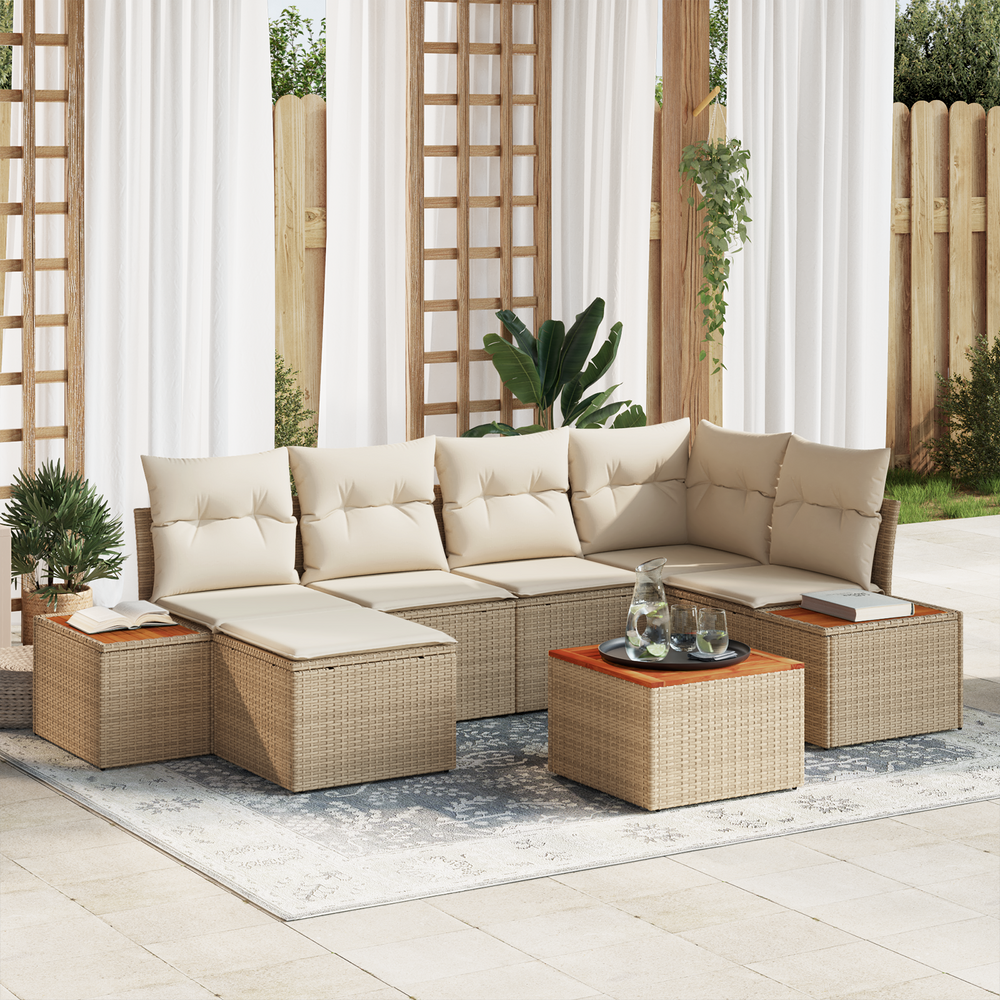 7-Piece Garden Sofa Set with Cushions Sand Poly Rattan Acacia