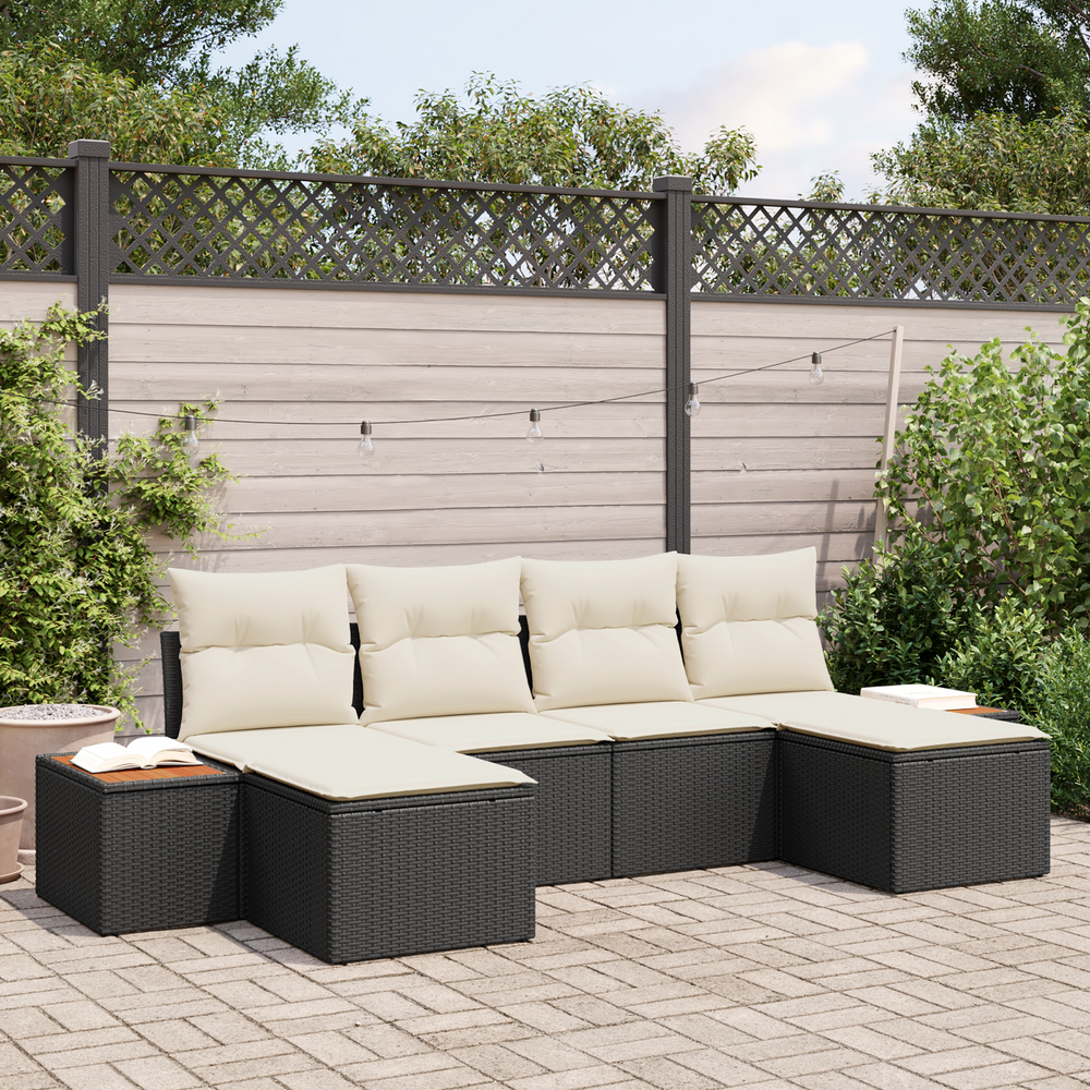 6-Piece Garden Sofa Set with Cushions Black Poly Rattan Acacia