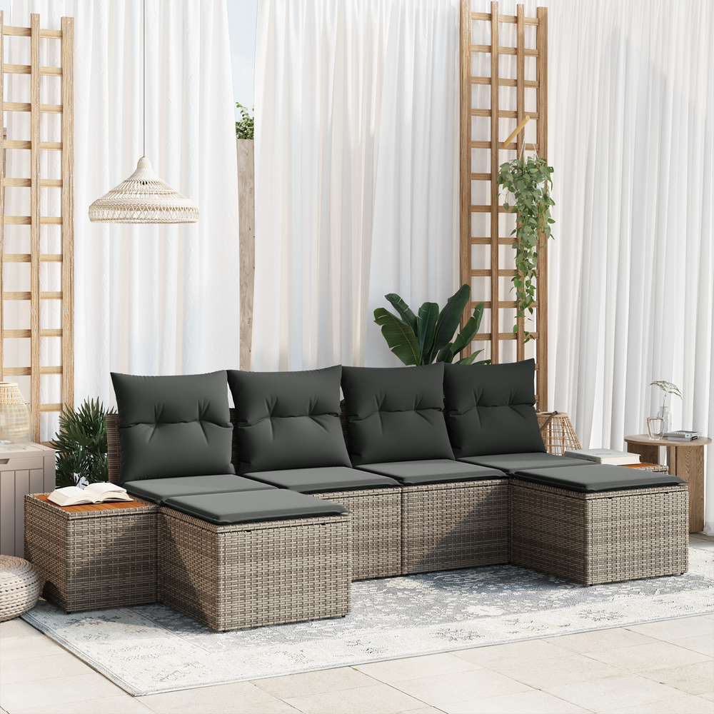 6-Piece Garden Sofa Set with Cushions Grey Poly Rattan Acacia