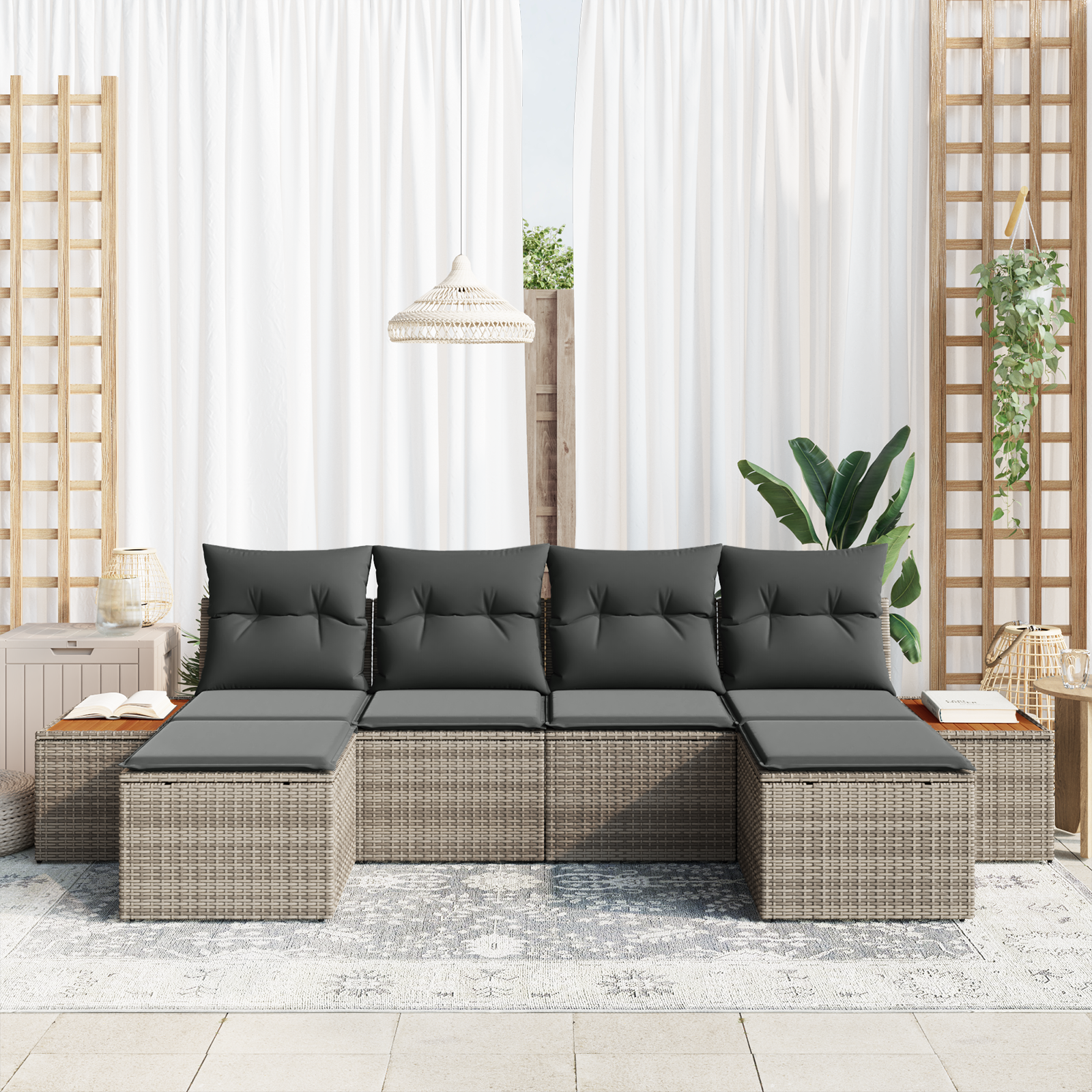 6 Dalių Sodo Sofa Rinkinys Su Pagalvėlėmis Pilka Poli Ratanas Akacija
