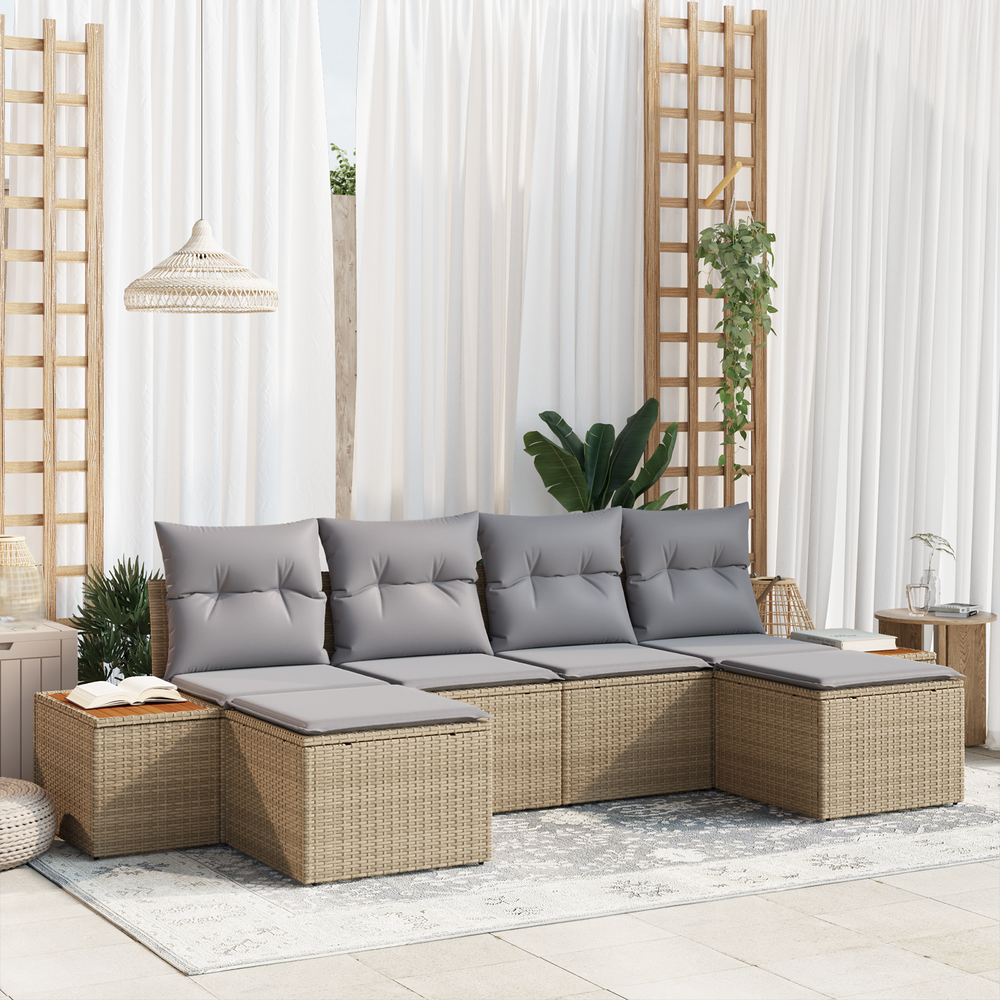 6-Piece Garden Sofa Set with Cushions Beige Poly Rattan Acacia