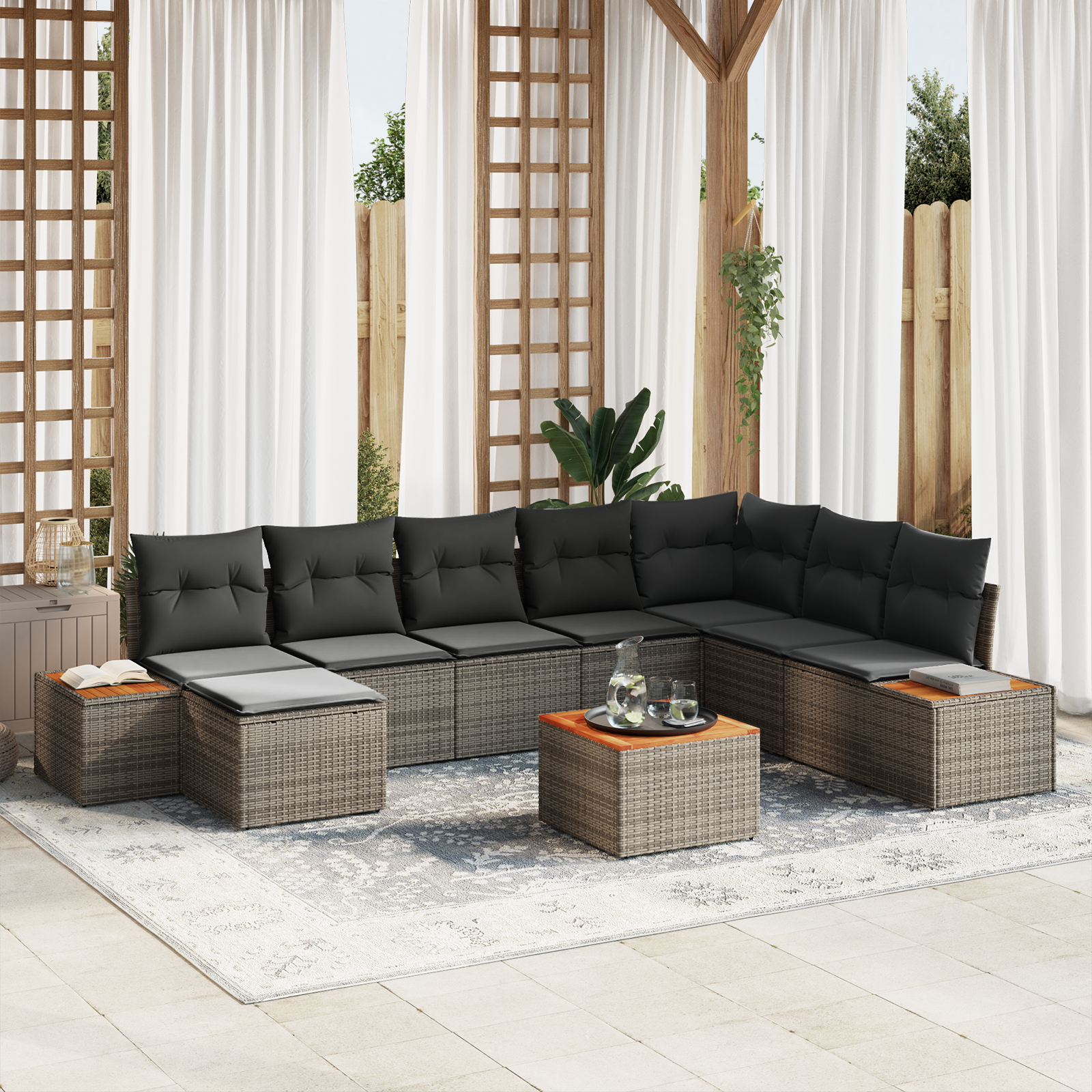Sodo Sofų Rinkinys 9 pcs Pilka 319 x 209 x 85 cm Poli ratanas