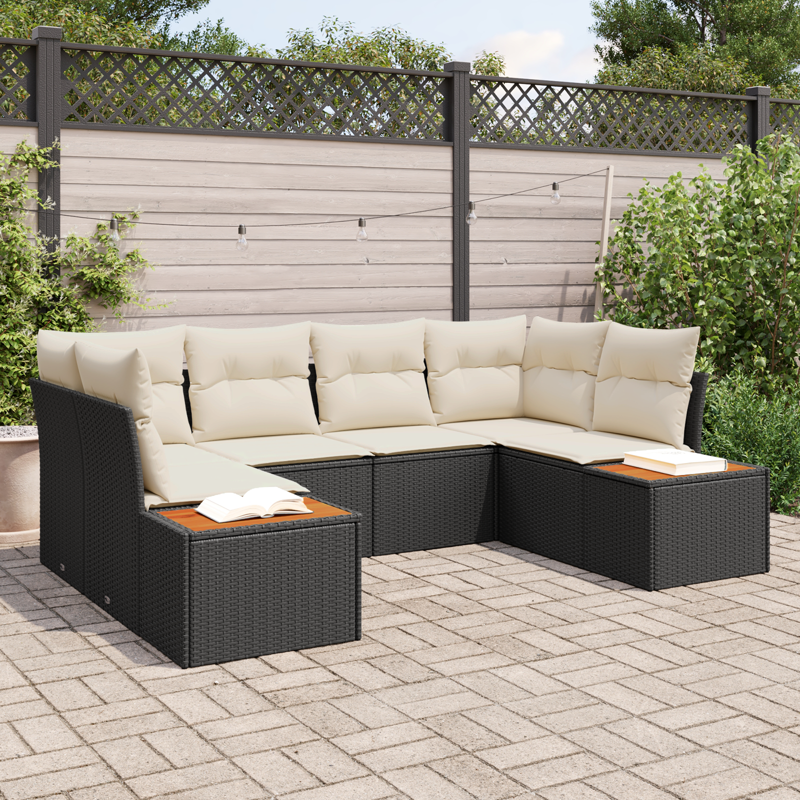 6 dalių sodų sofa rinkinys su pagalvėlėmis Juoda poli ratanas akacija