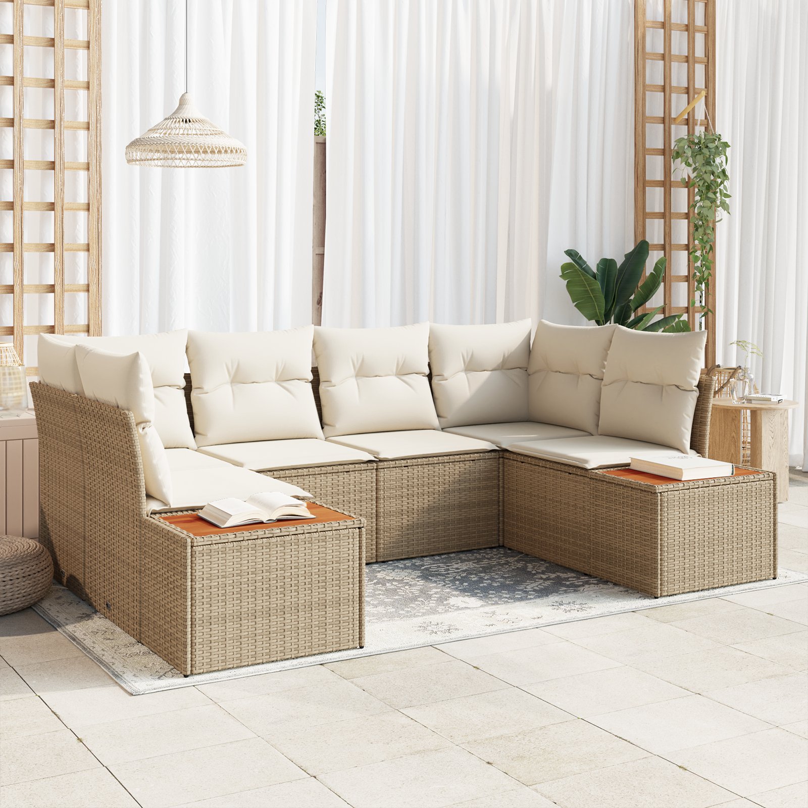6 dalių sodo sofa komplektas su pagalvėmis smėlio poli ratanas akacija