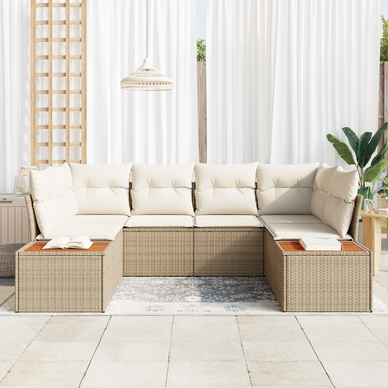 6 dalių sodo sofa komplektas su pagalvėmis smėlio poli ratanas akacija