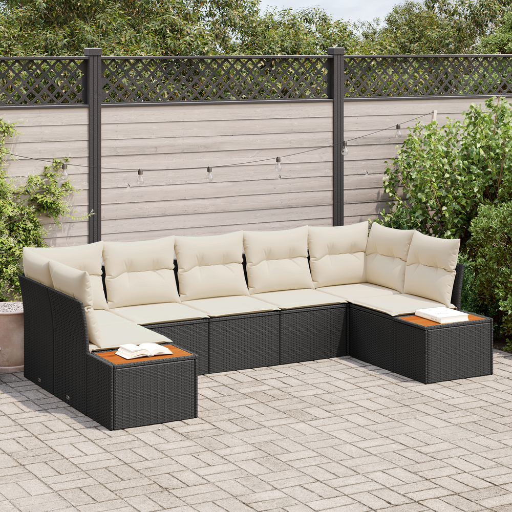 7 Piece Garden Sofa with Cushions Black Poly Rattan Acacia