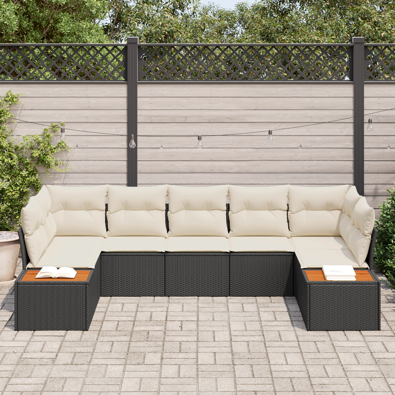 7 dalių sodo sofa su pagalvėlėmis juodas poli ratanas akacija