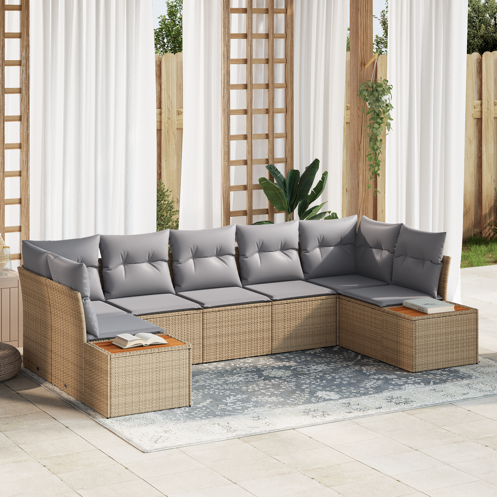 7-piece garden sofa set with cushions Sand poly rattan acacia