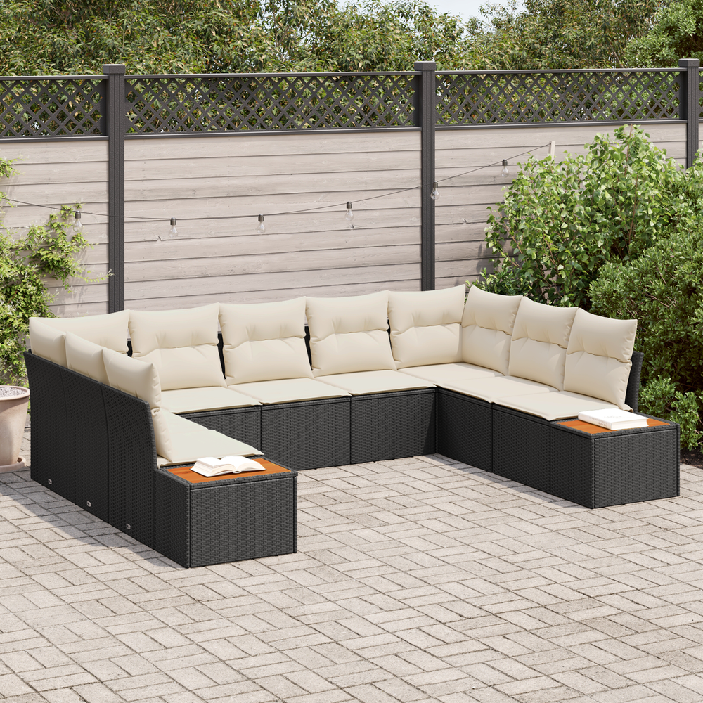 5-Piece Garden Sofa Set with Cushions Black Poly Rattan Acacia
