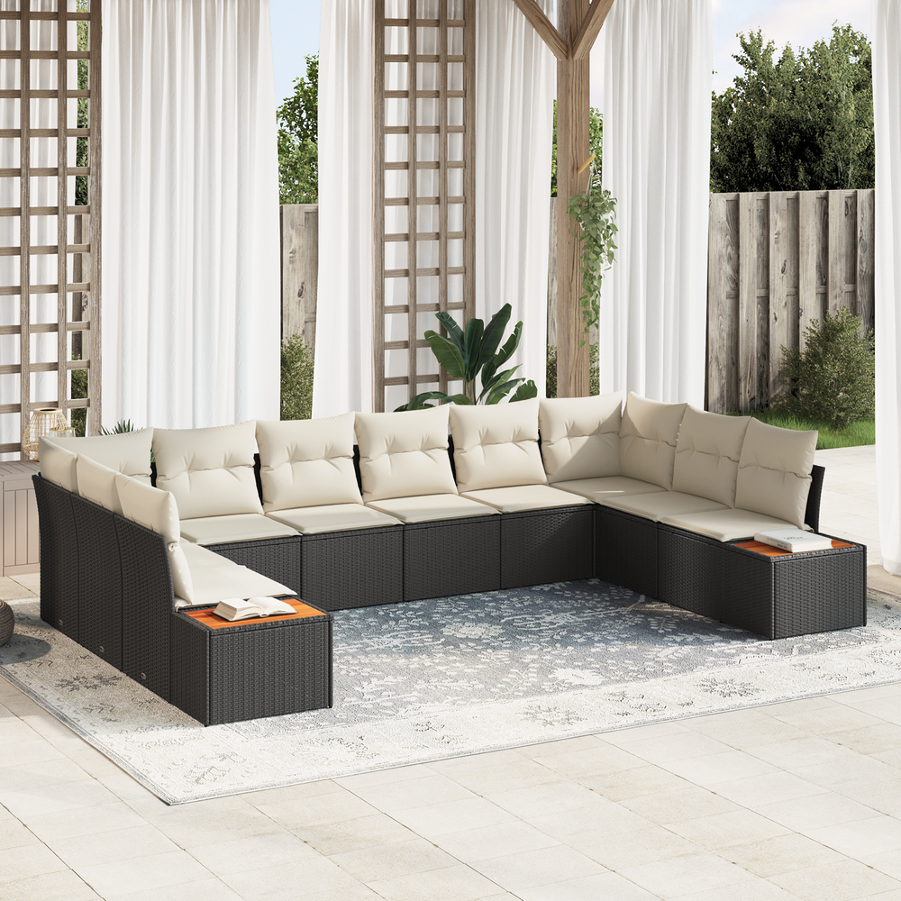 10-piece garden sofa set with cushions black poly rattan acacia wood