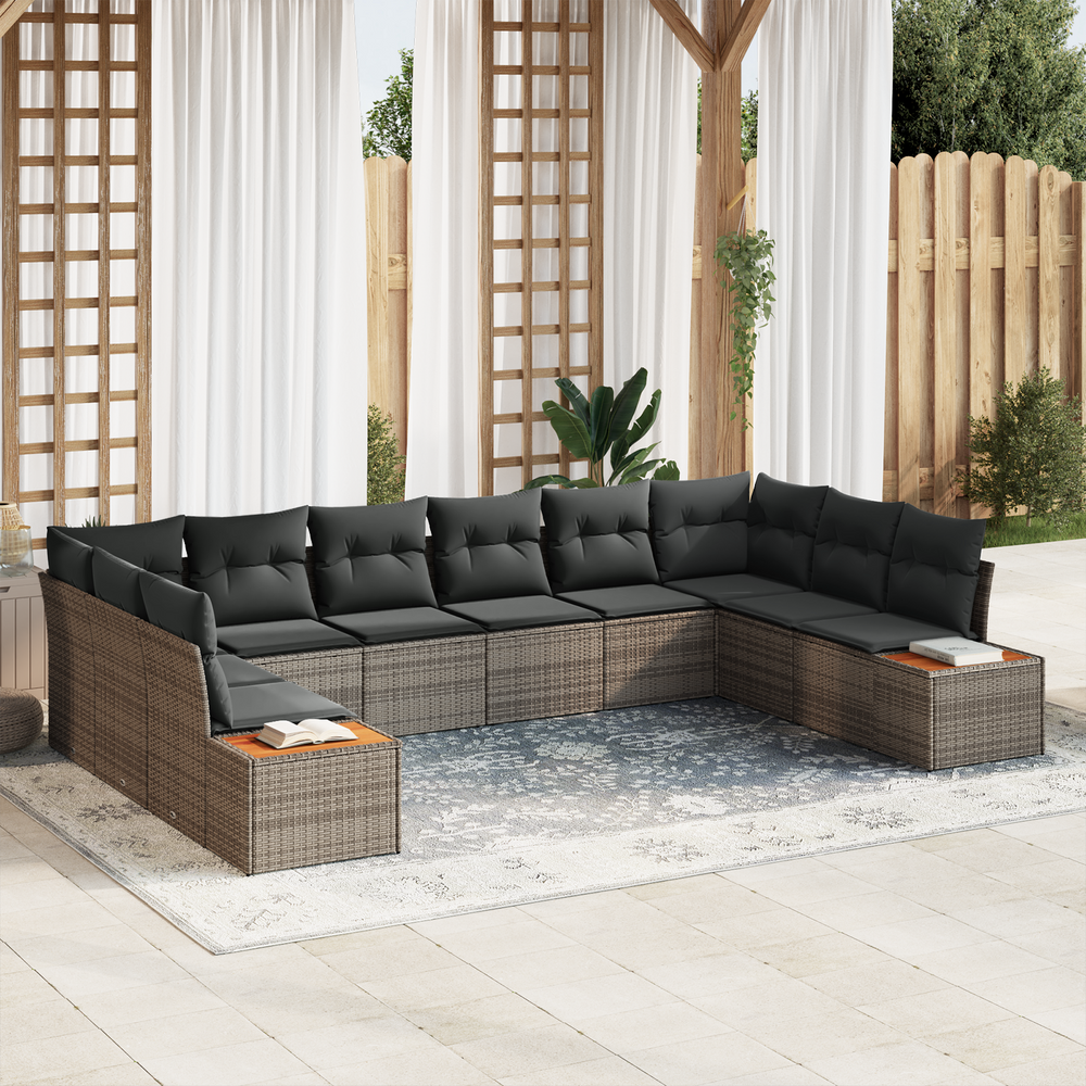 10-piece garden sofa set with cushions grey poly rattan acacia