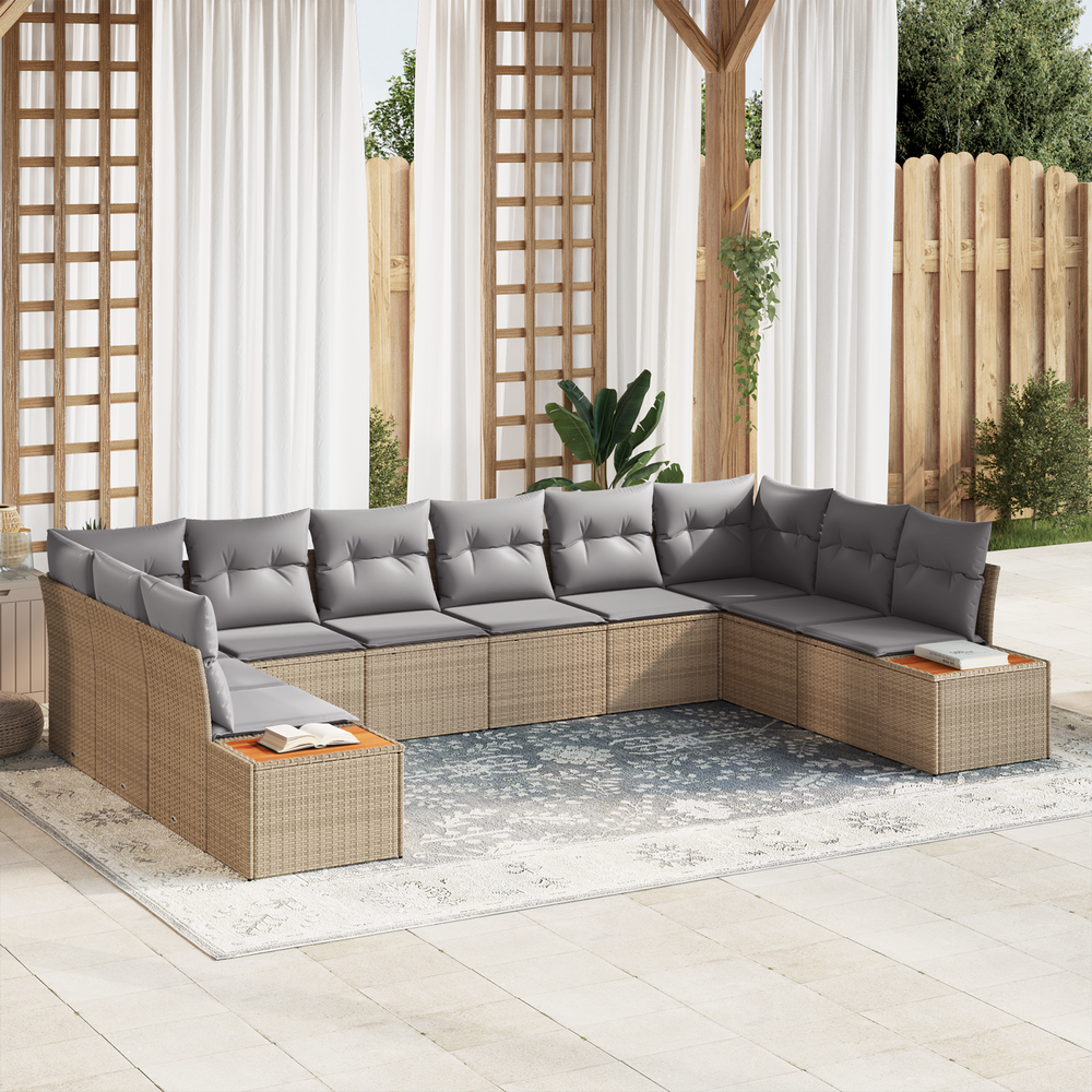 10-piece Garden Sofa Set with Cushions Sand Poly Rattan Acacia