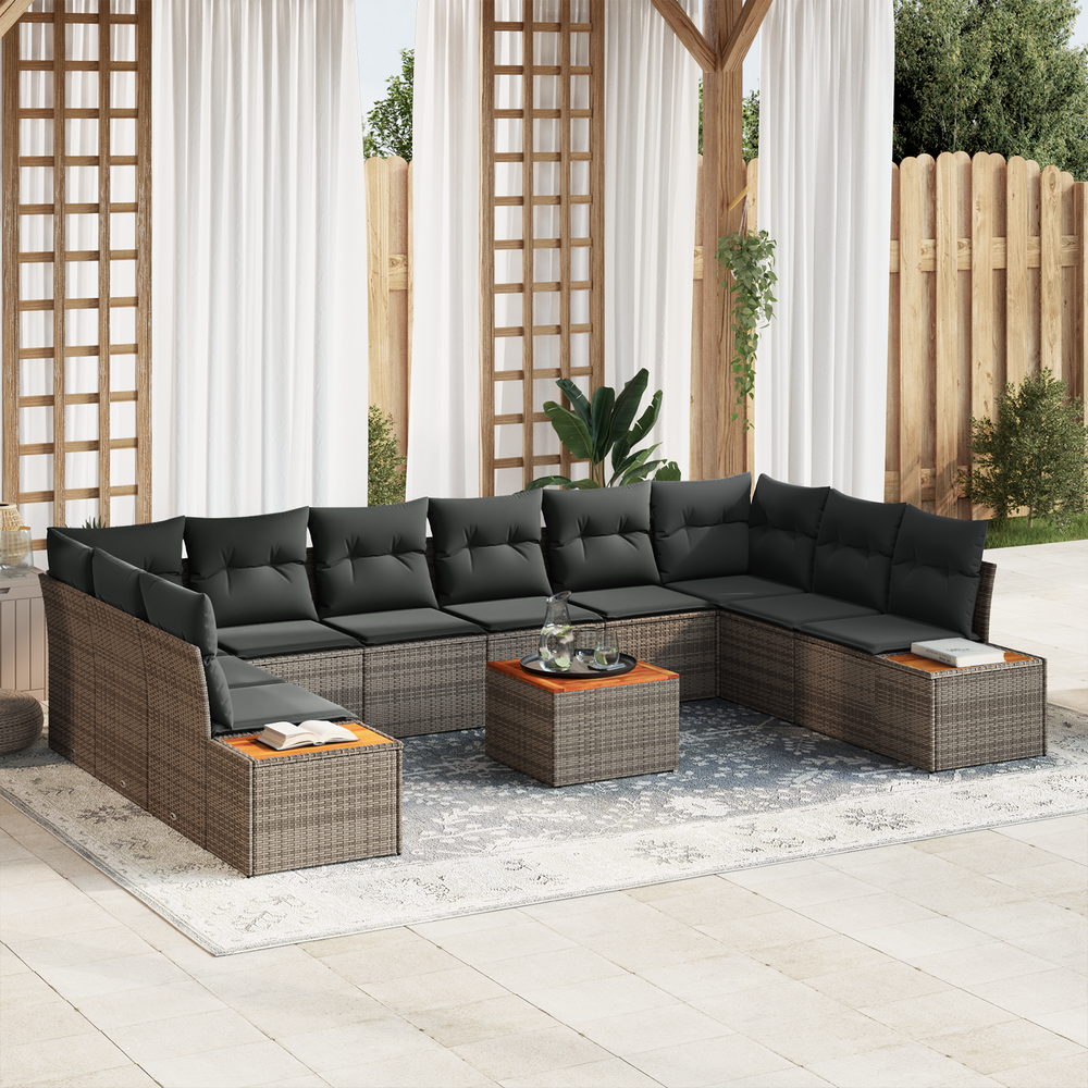 11-piece poly rattan sofa set with cushions grey