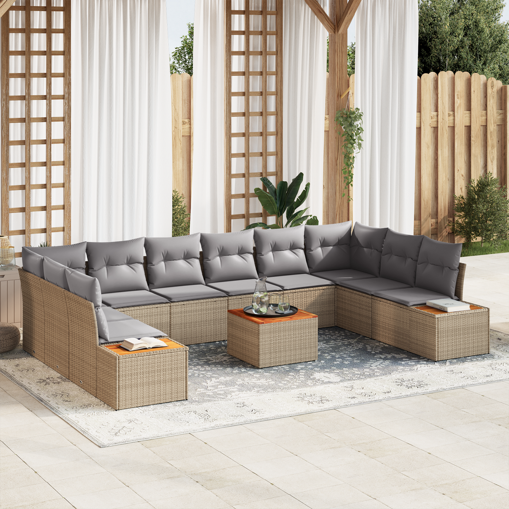 11-Piece Garden Sofa Set with Cushions Sand Poly Rattan Acacia