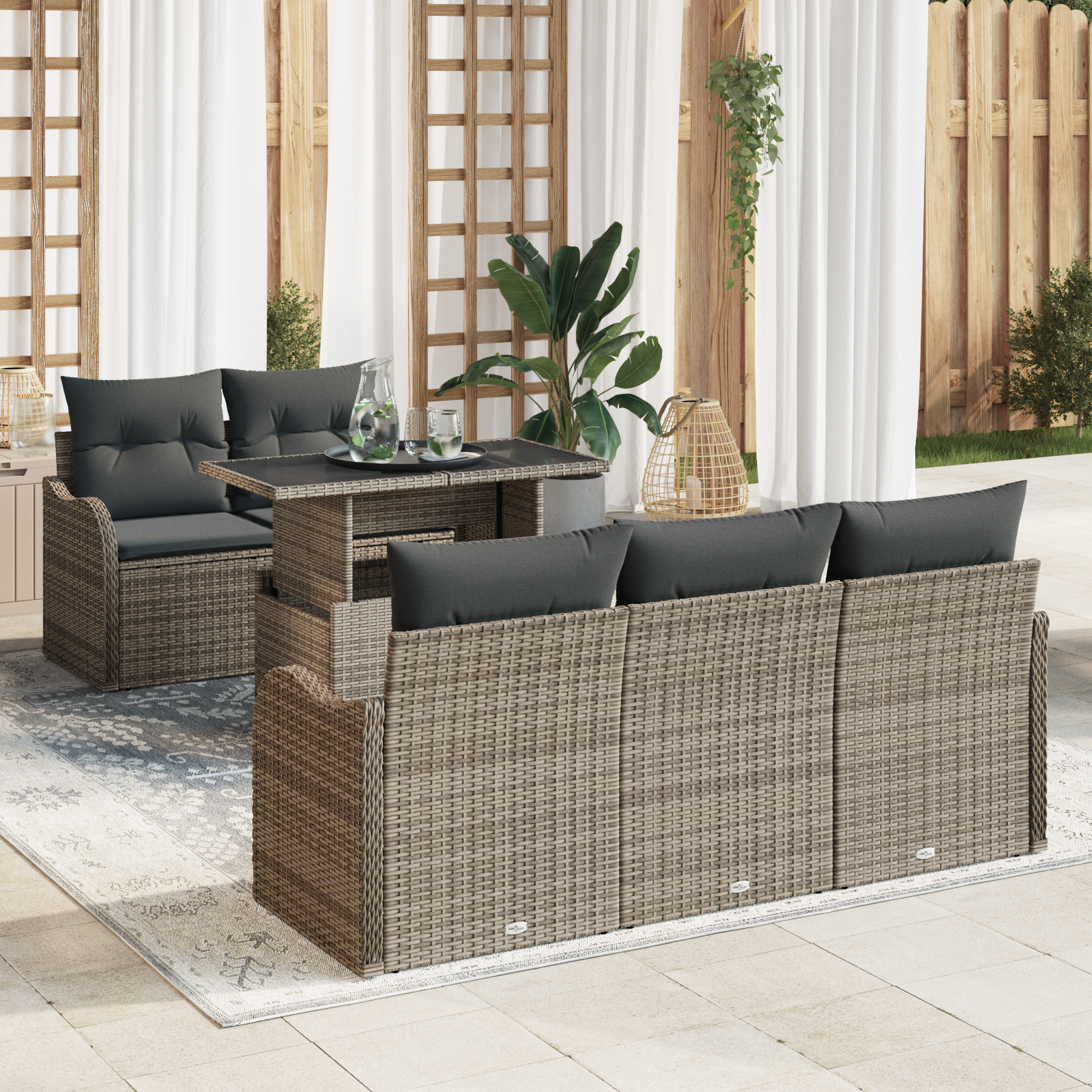 6 dalių sodo sofa komplektas su pagalvėmis pilkas poli ratanas