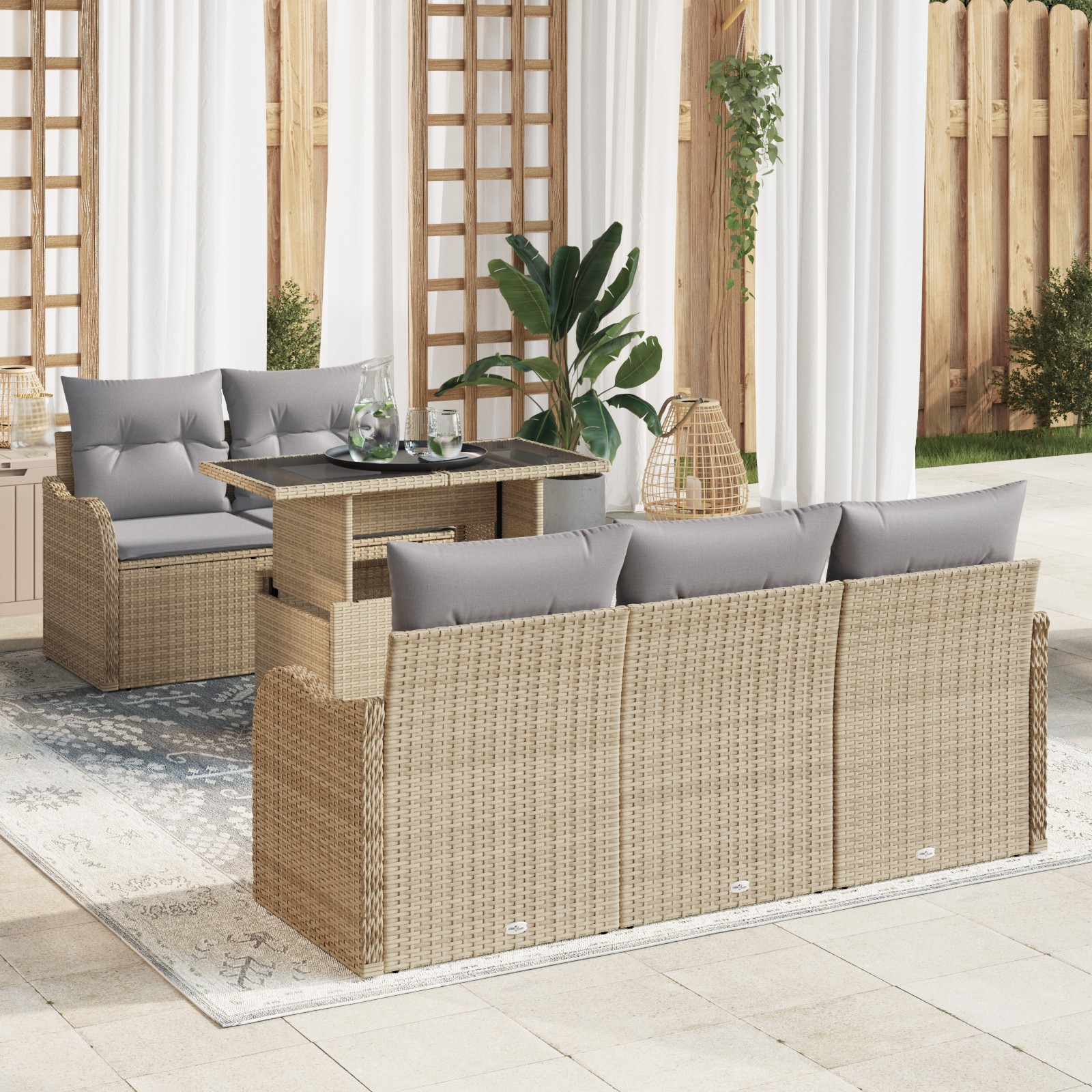 6-Piece Garden Sofa Set with Cushions Sand Poly Rattan