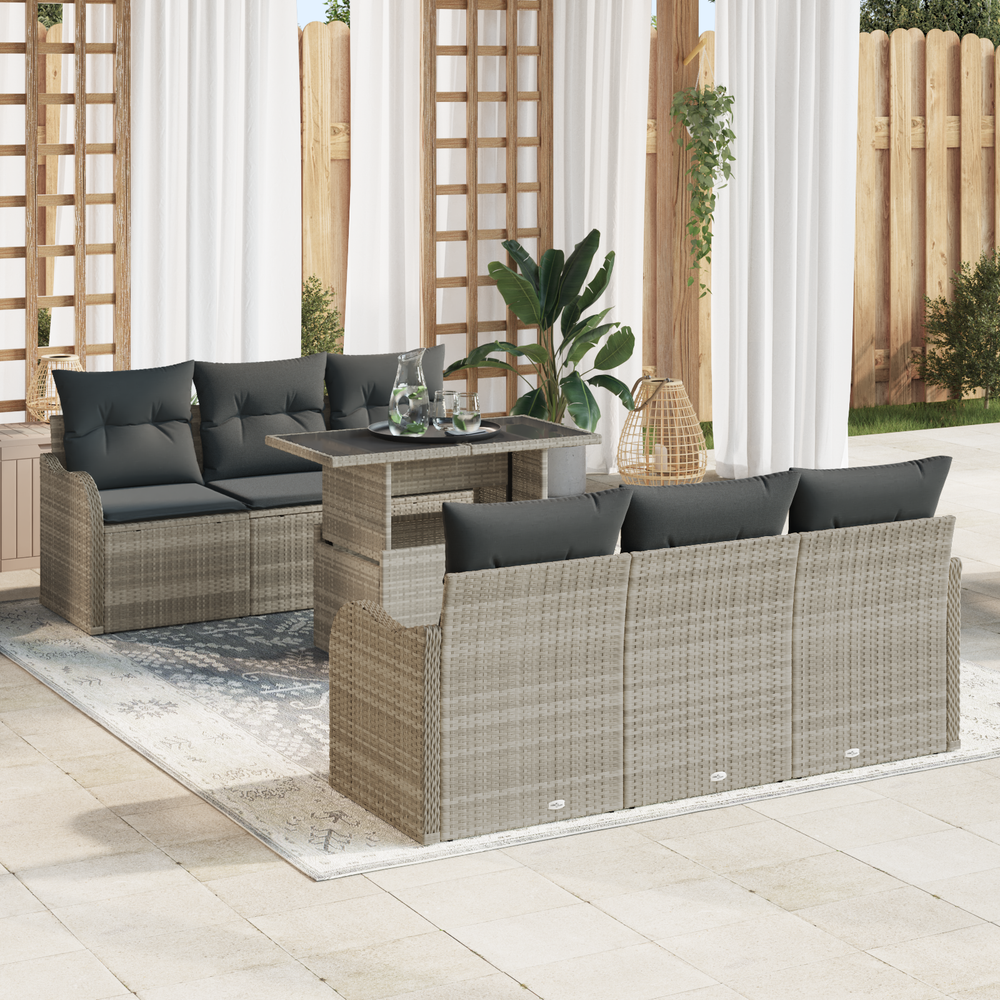 7-Piece Garden Sofa Set with Cushions Light Grey Poly Rattan