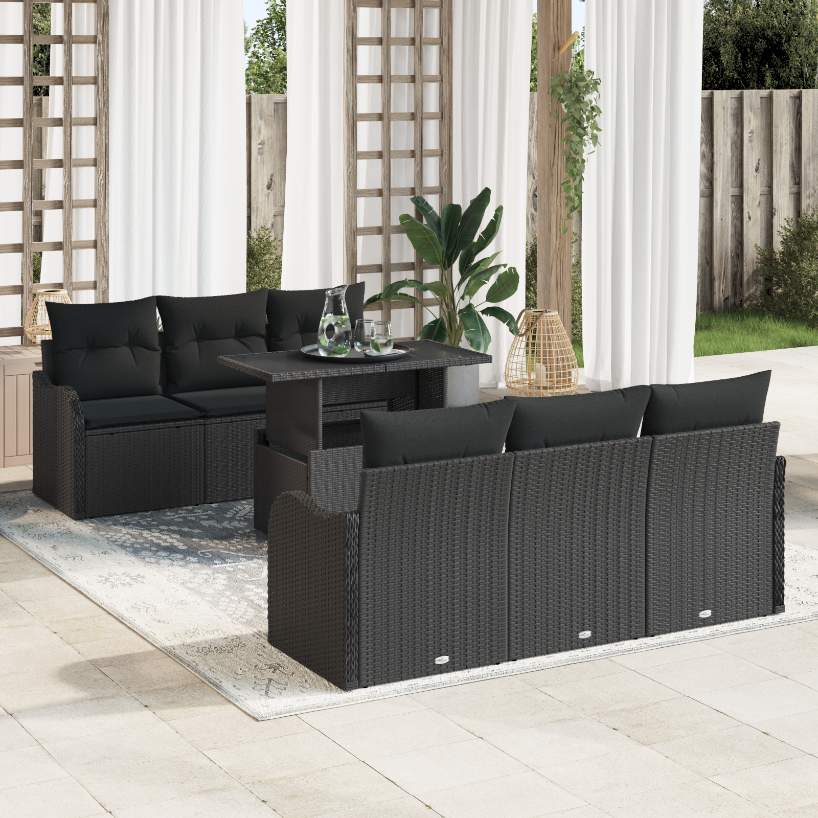 Sodo Sofų Rinkinys su pagalve 7 pcs Juoda Poli ratanas
