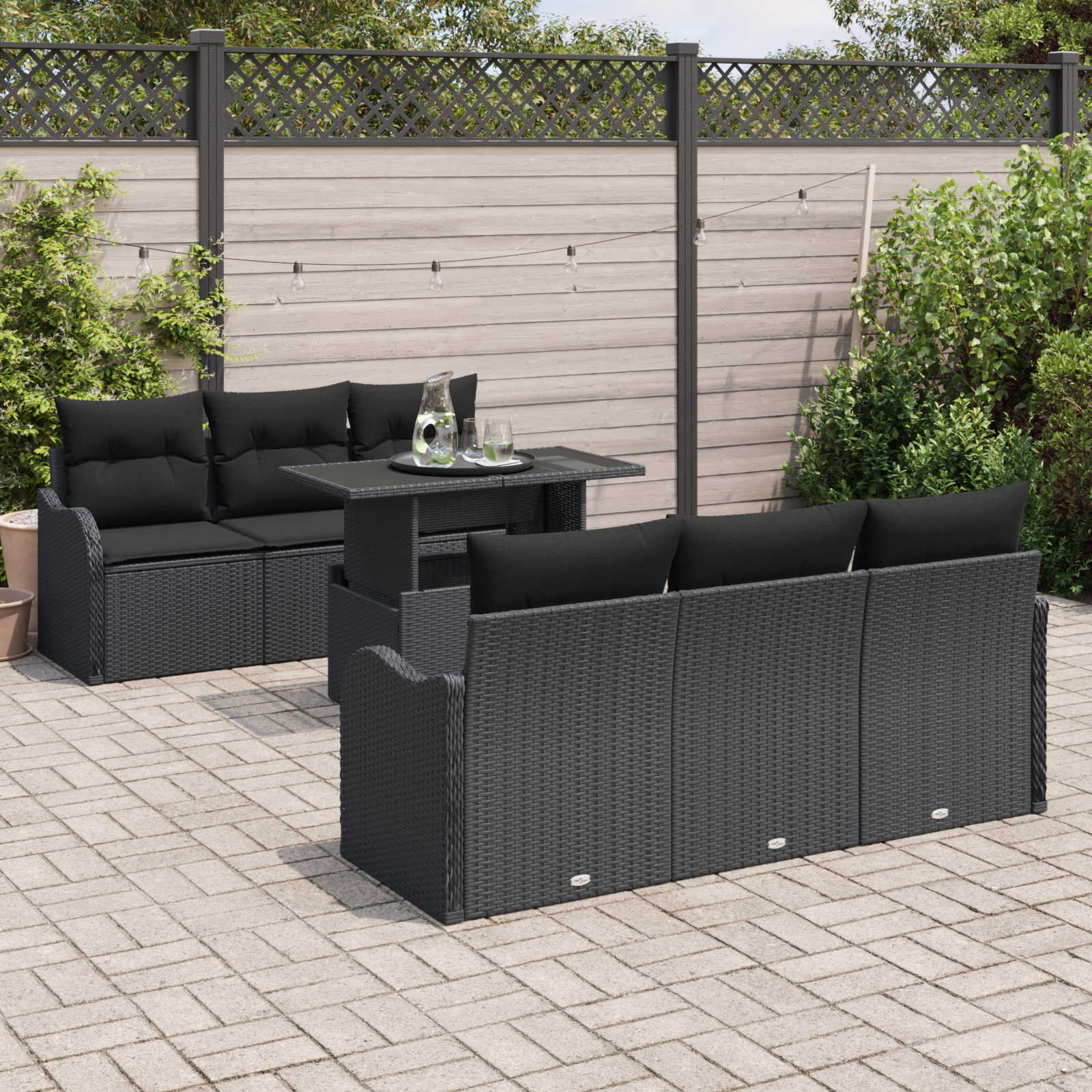 Sodo Sofų Rinkinys su pagalve 7 pcs Juoda Poli ratanas