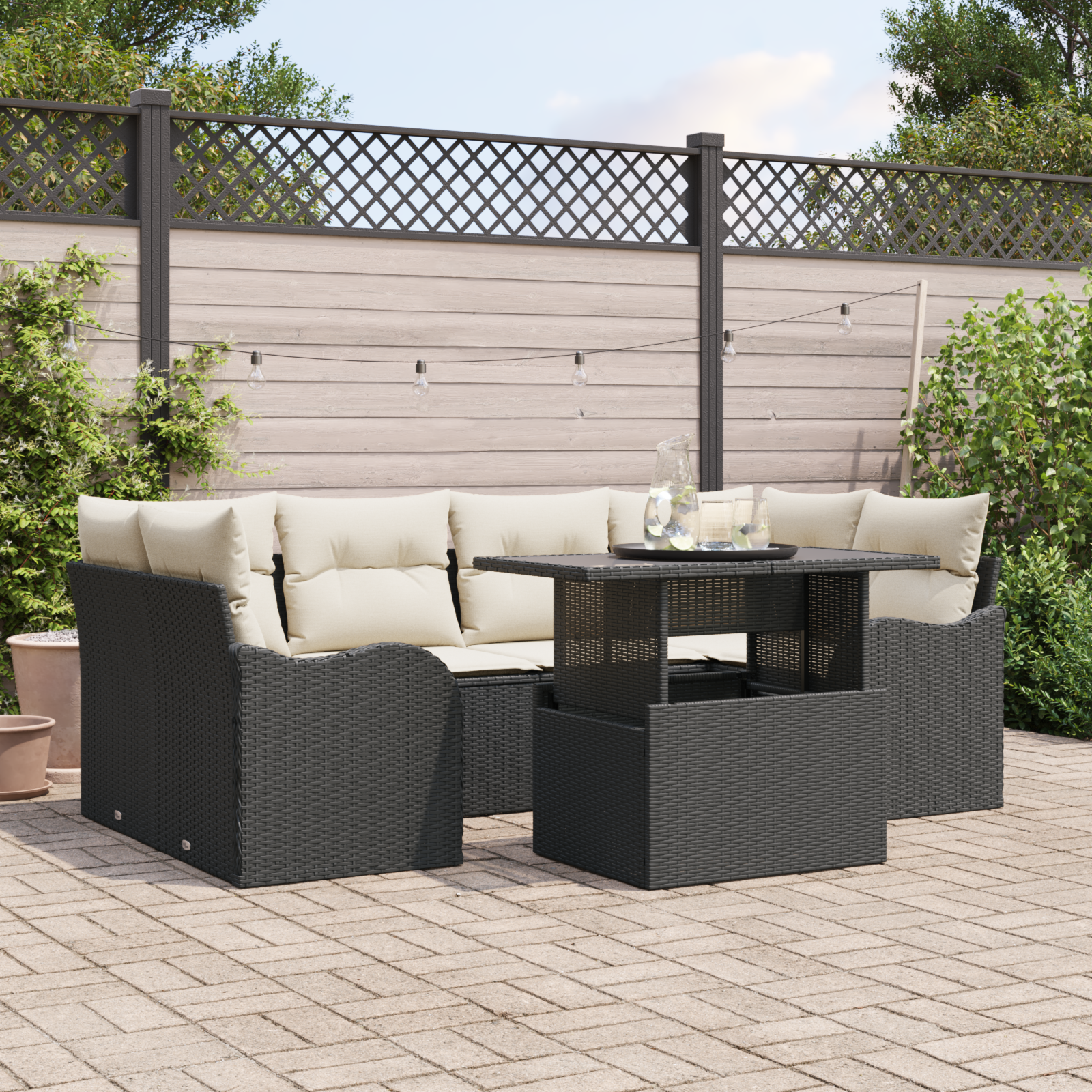 7 Piece Garden Sofa Set with Cushions Black Poly Rattan