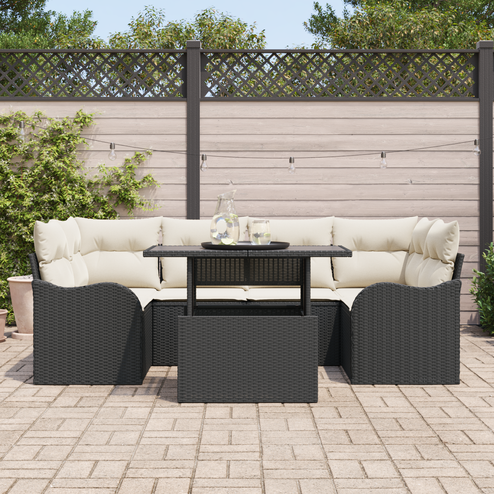 7 Piece Garden Sofa Set with Cushions Black Poly Rattan