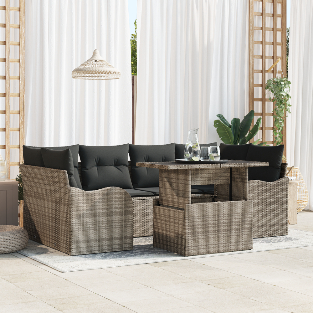 7-Piece Garden Sofa Set with Cushions Grey Poly Rattan