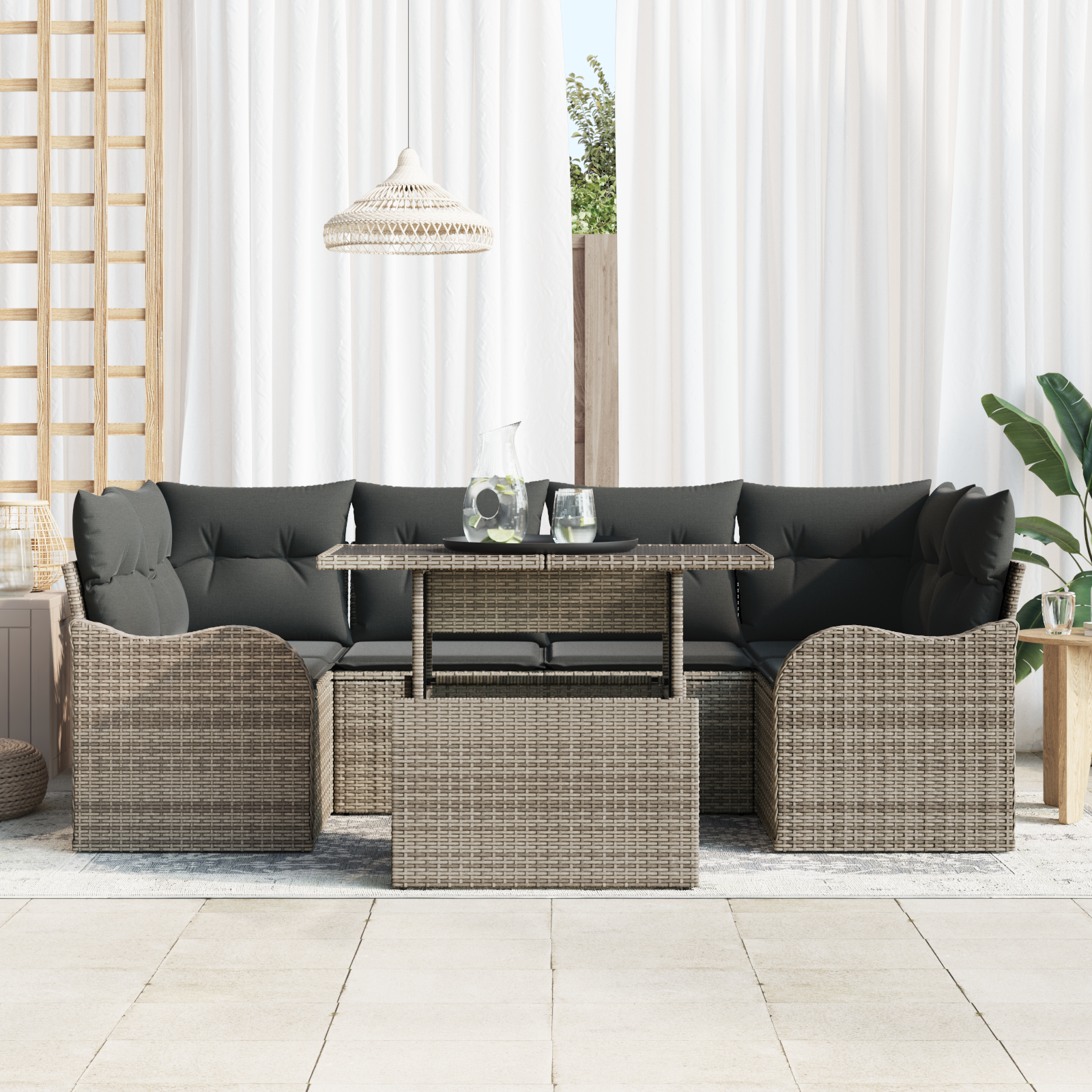 7-Piece Garden Sofa Set with Cushions Grey Poly Rattan
