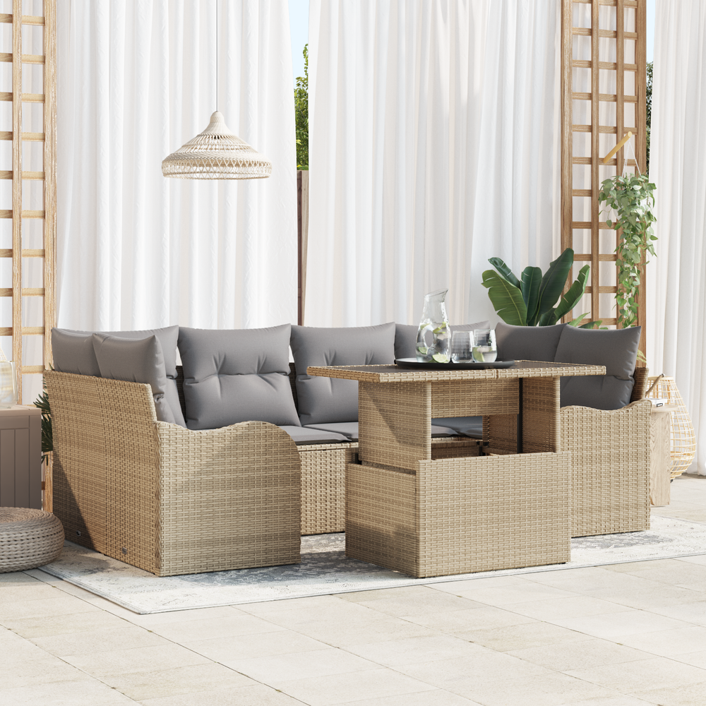 7-piece garden sofa set with cushions - sand poly rattan