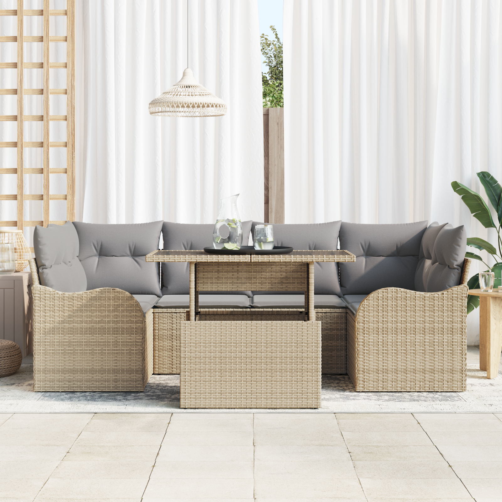 7-piece garden sofa set with cushions - sand poly rattan