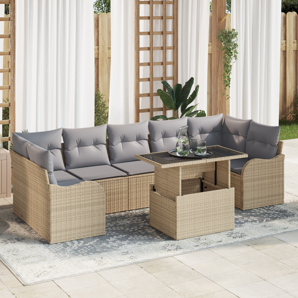 8-Piece Garden Sofa Set with Cushions Sand Poly Rattan