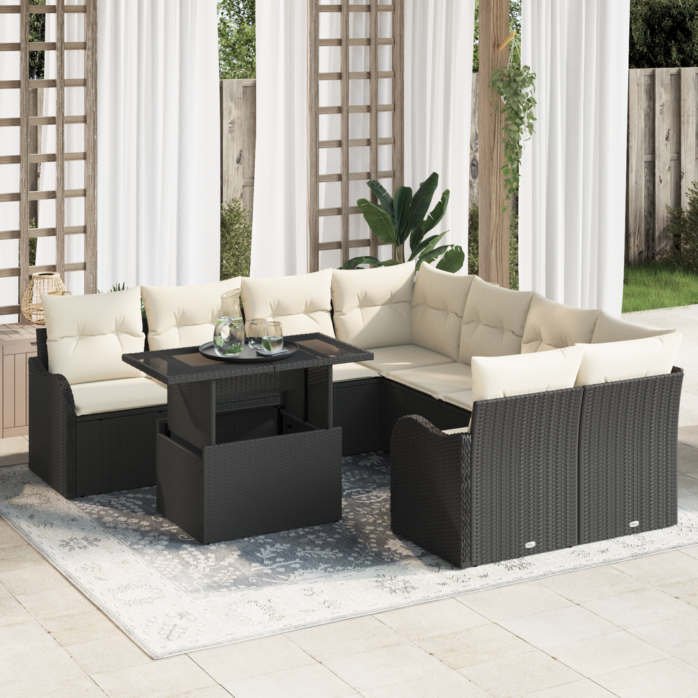 9 Piece Garden Sofa Set with Cushions Black Polyrattan