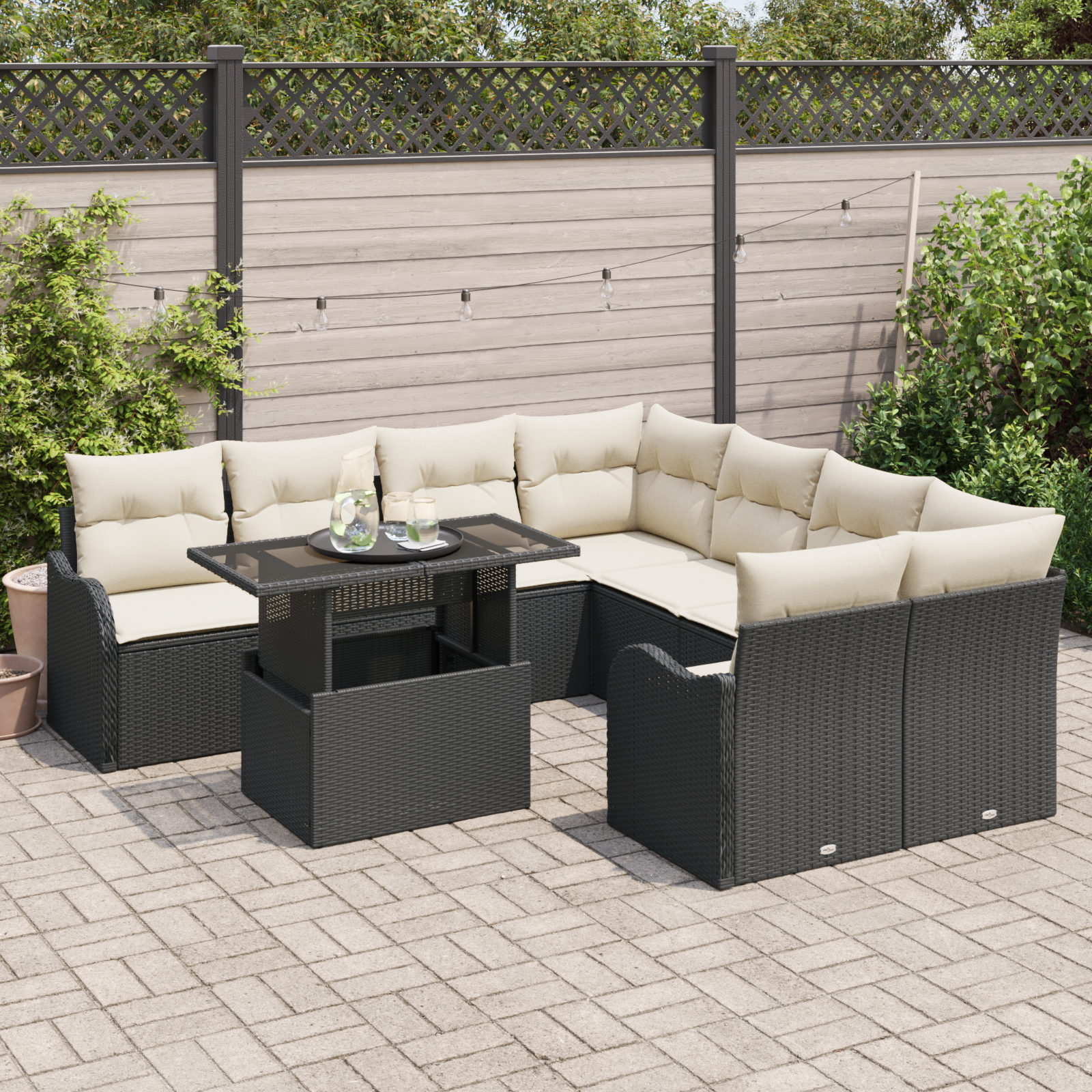 9 Piece Garden Sofa Set with Cushions Black Polyrattan