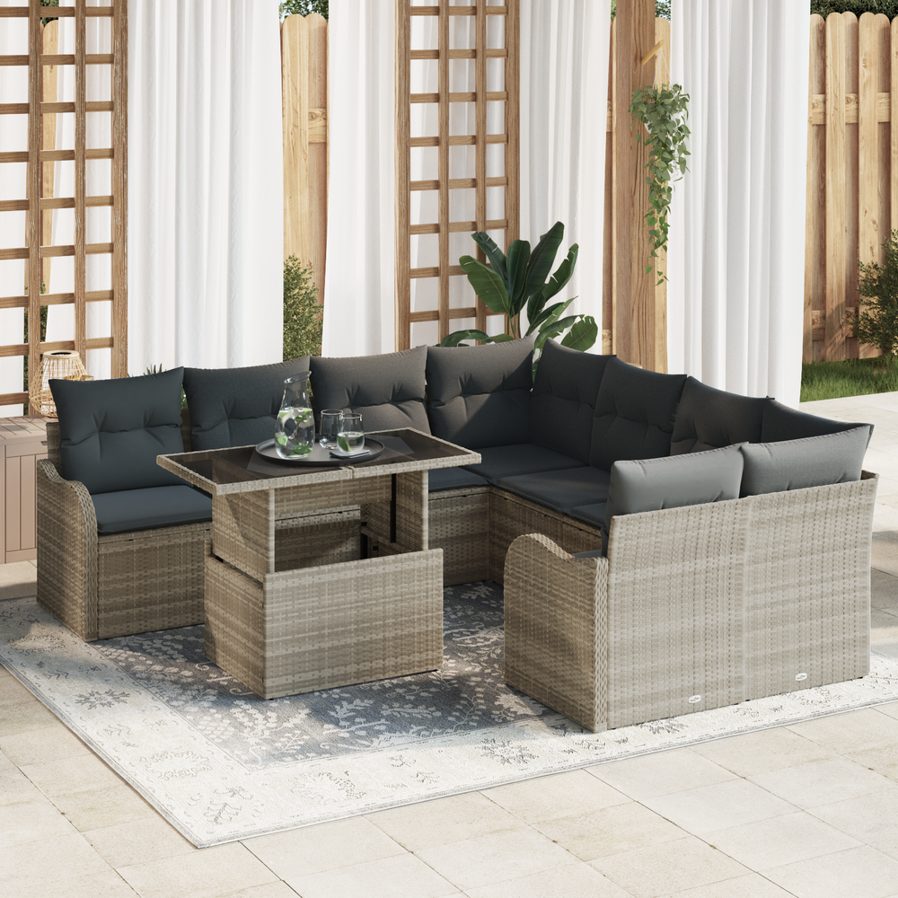 9-Piece Garden Sofa Set with Cushions Light Grey Poly Rattan