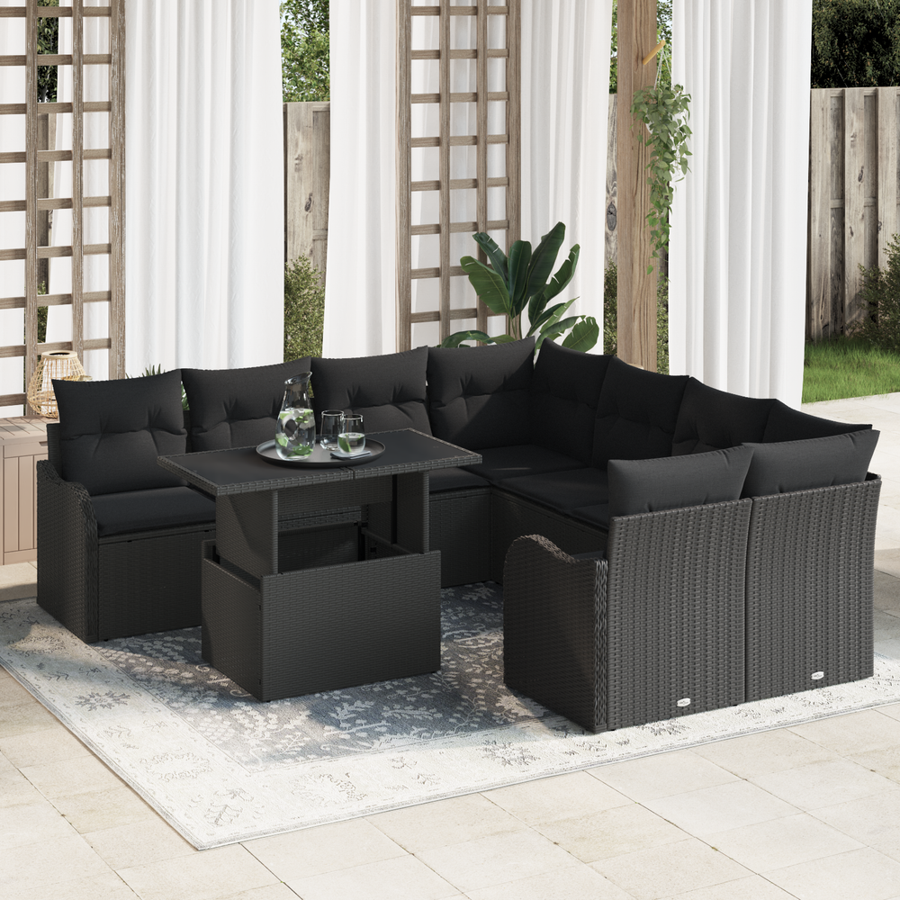 9-Piece Garden Sofa Set with Cushions Black Poly Rattan