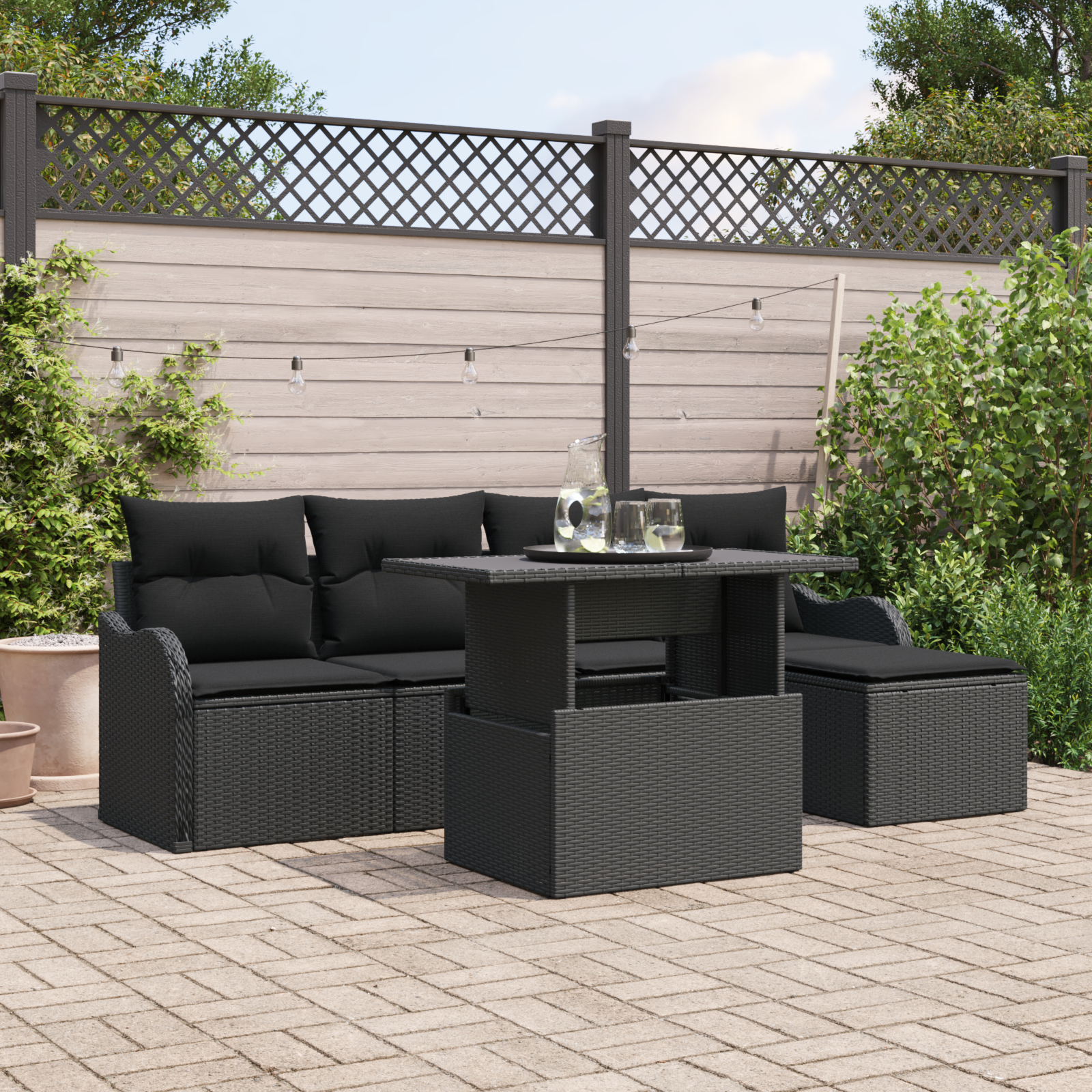 6 dalių sodo sofa su pagalvėmis juoda poli ratanas