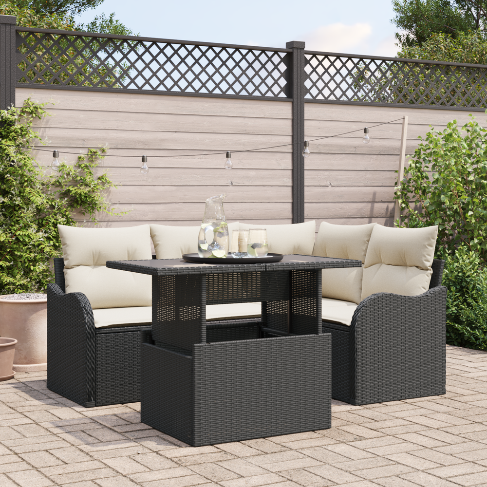 5-Piece Garden Sofa Set with Cushions Black Poly Rattan