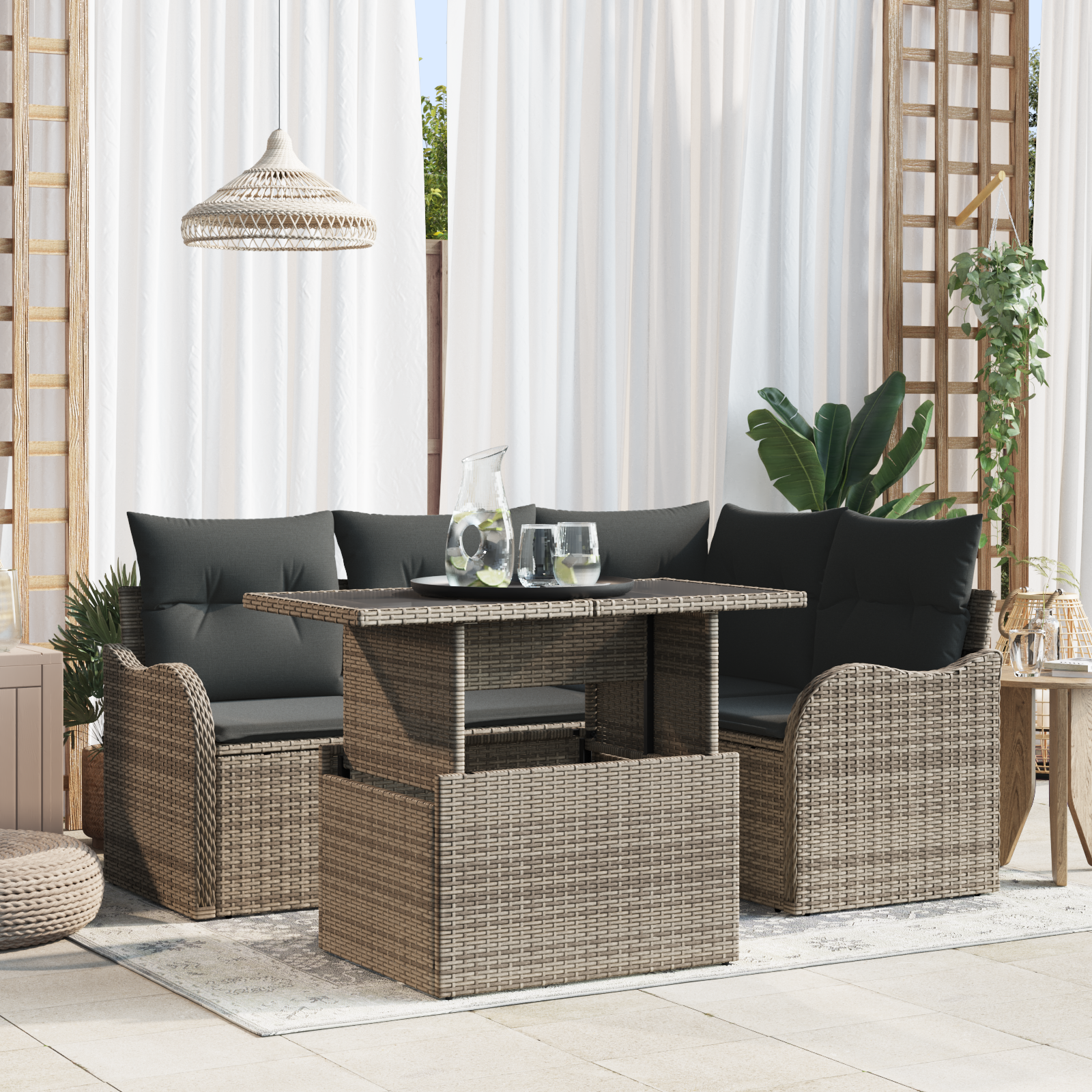 Sodo Sofų Rinkinys su pagalve 5 pcs Pilka Poli ratanas