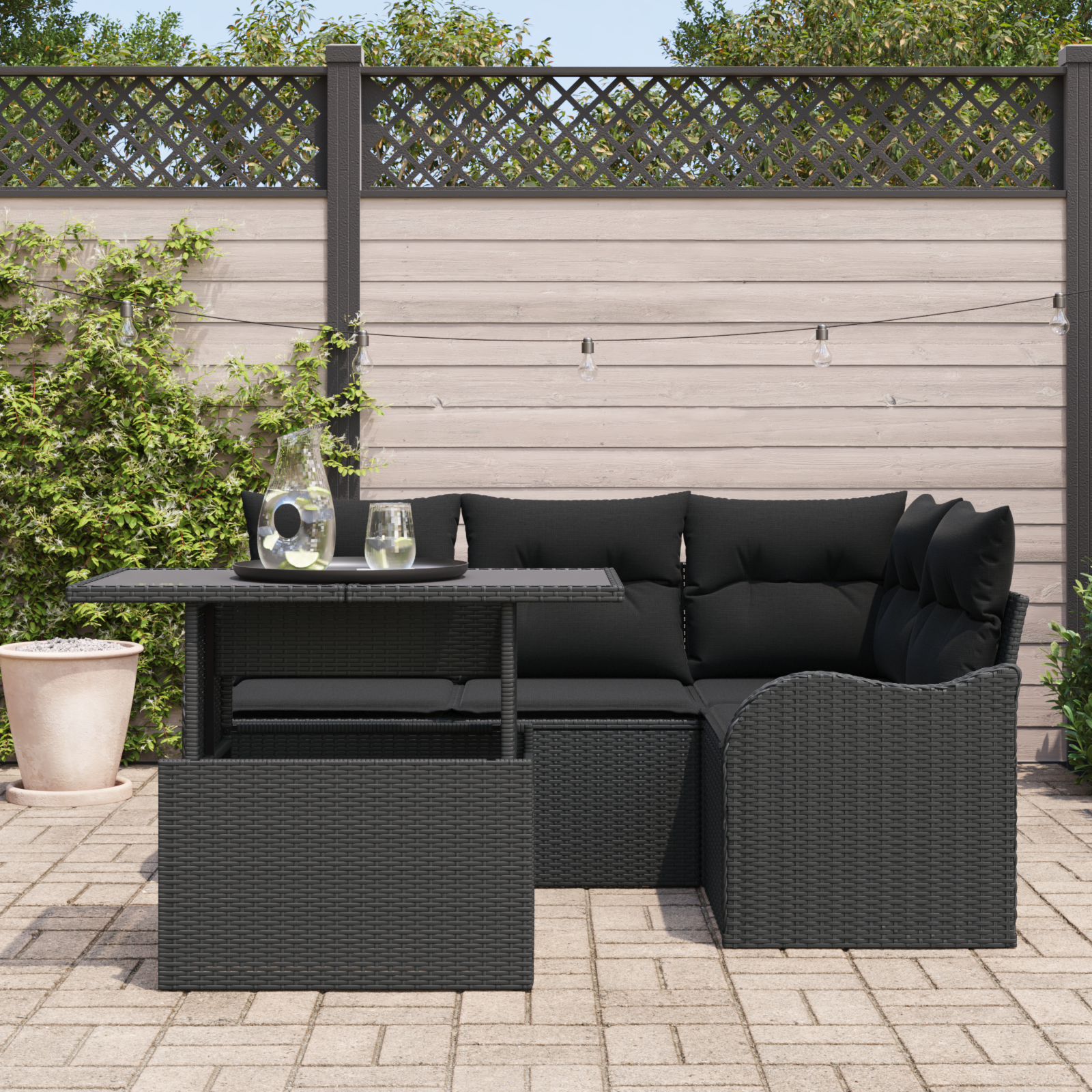 Sodo Sofų Rinkinys su pagalve 5 pcs Juoda Poli ratanas